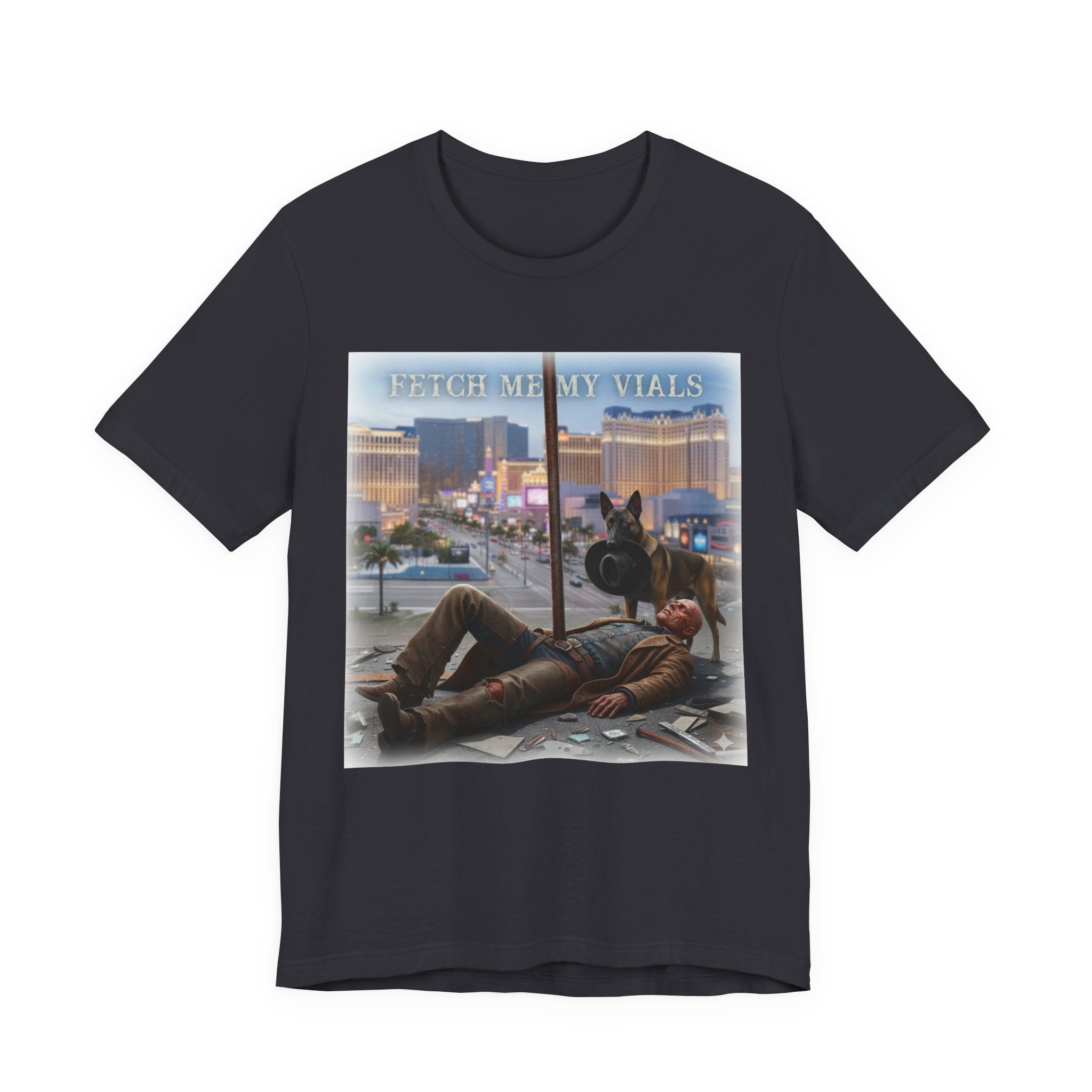 Fetch me my vials, Fallout Tee, Street Scene Graphic Tee — "Fetch Me My Vials" Retro Vegas Art Shirt