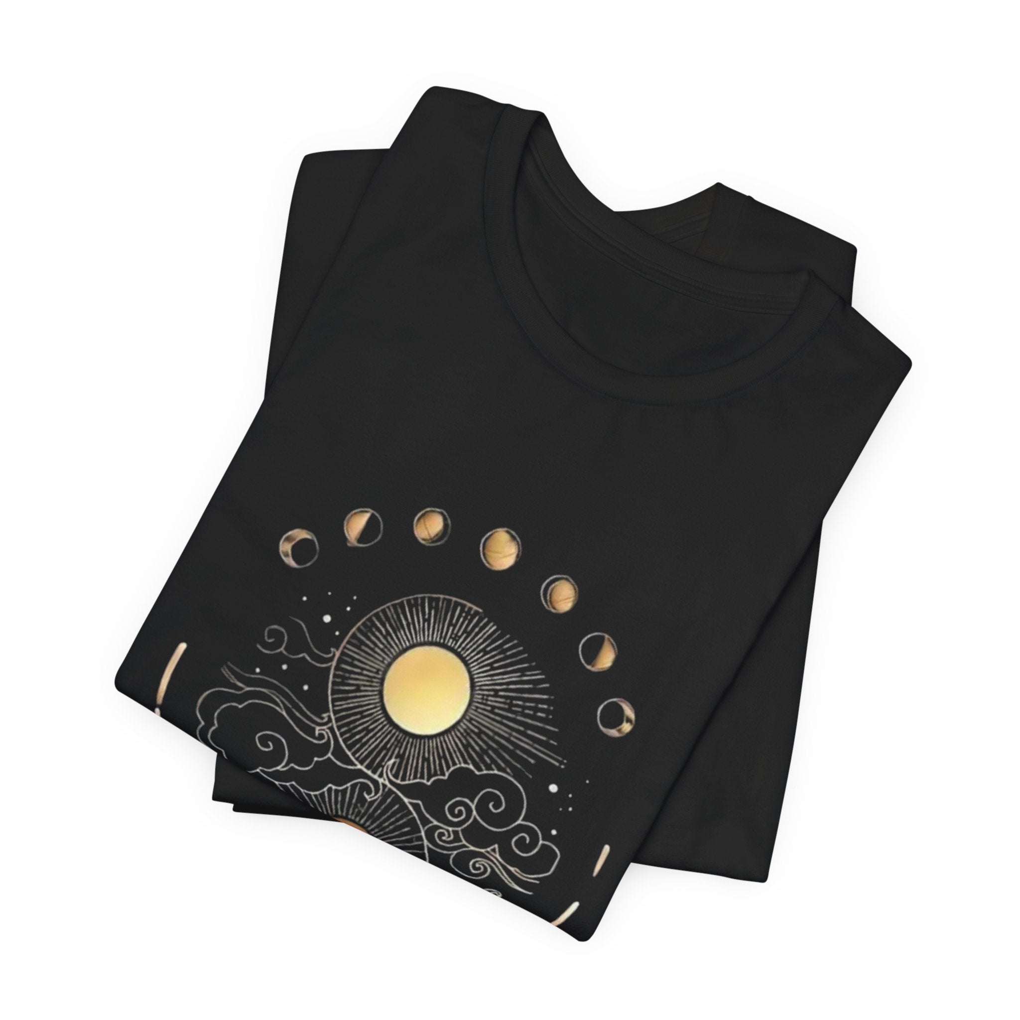Celestial Phases Unisex Tee, Astrology Shirt, Lunar Cycle T-Shirt, Gift for Astronomers, Black Graphic Tee, Horoscope Apparel