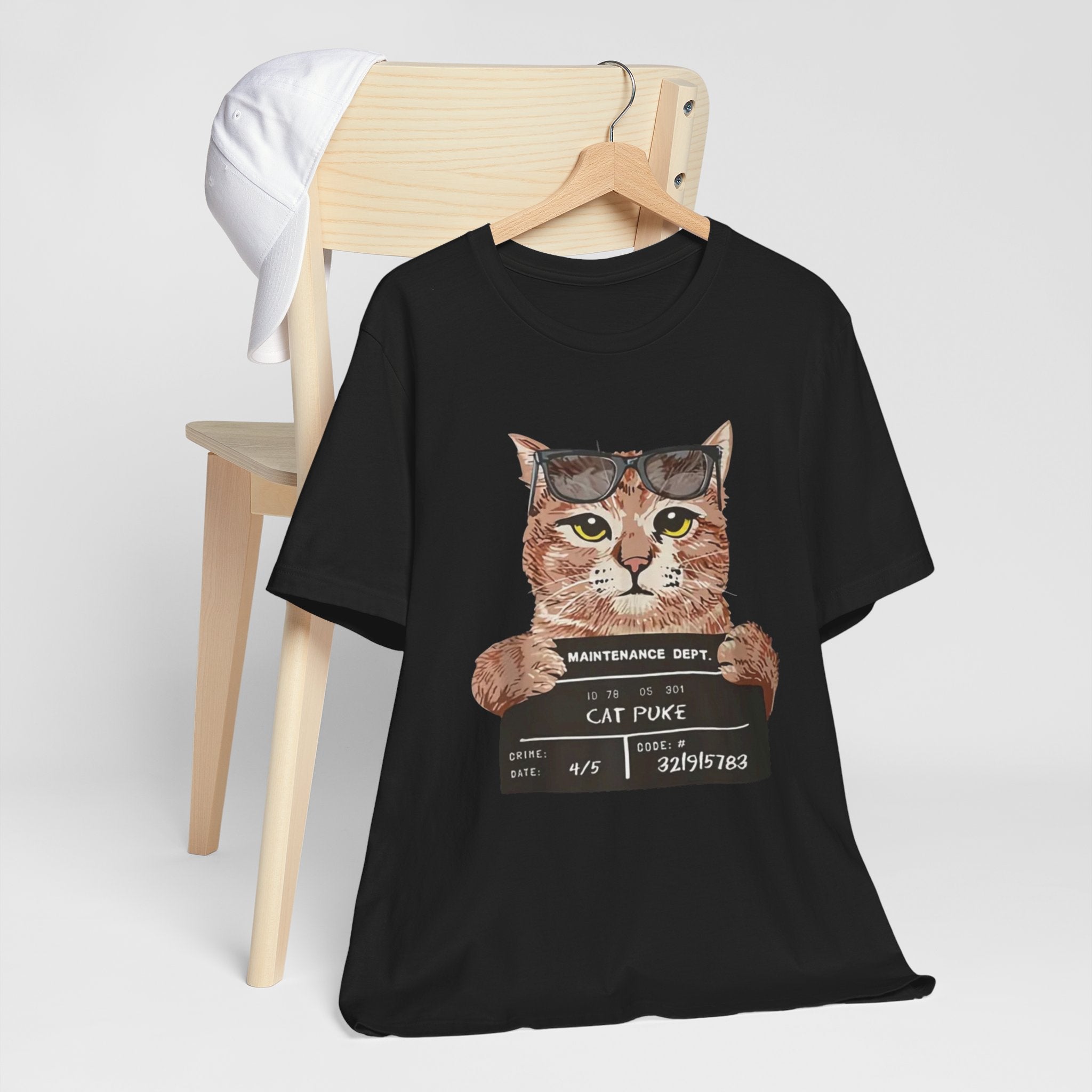 Cat Mugshot Tee — "Cat Puke" Funny Cat Arrest Graphic T-Shirt