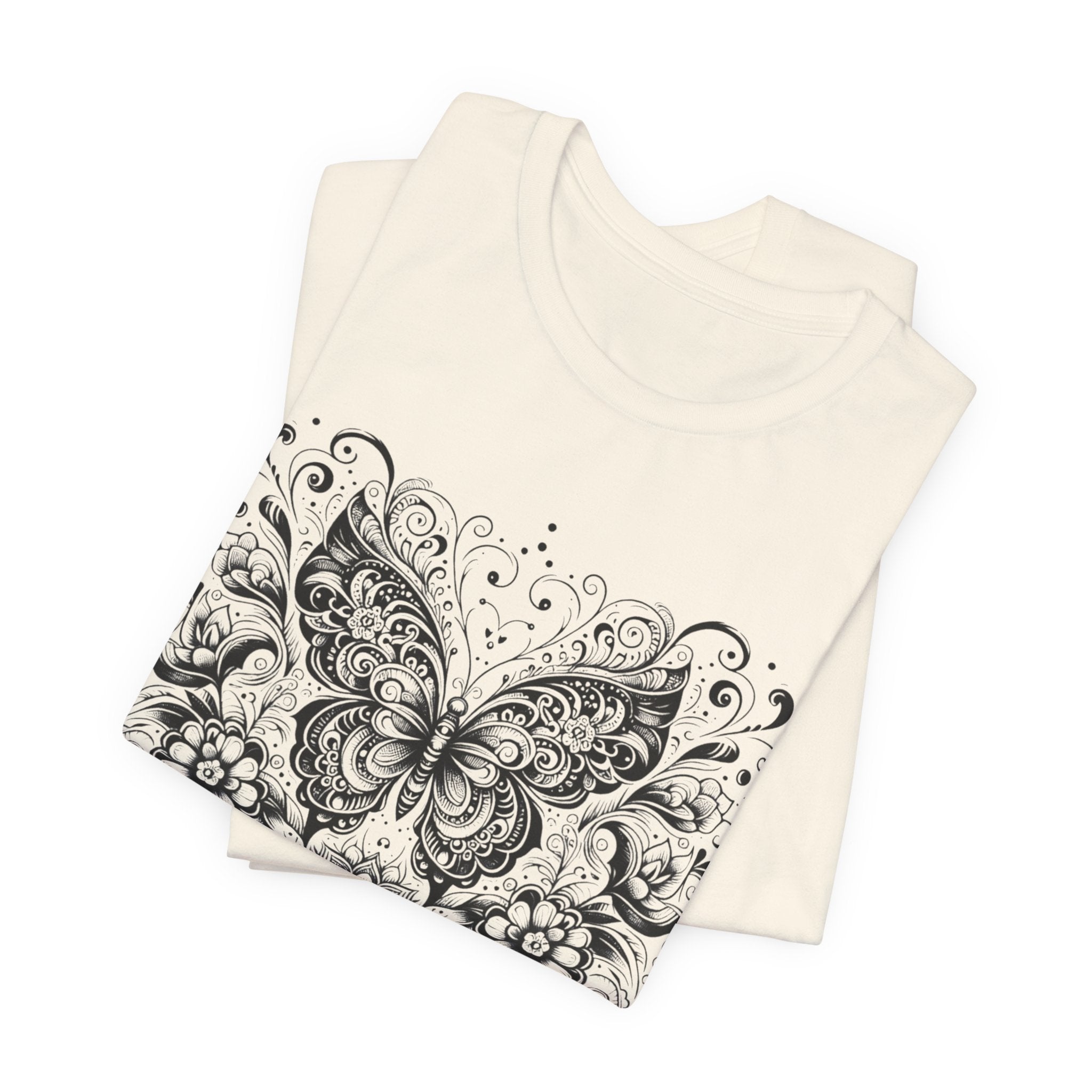 Ornate Butterfly Floral Tee | Detailed Black Line Art Butterfly T-Shirt