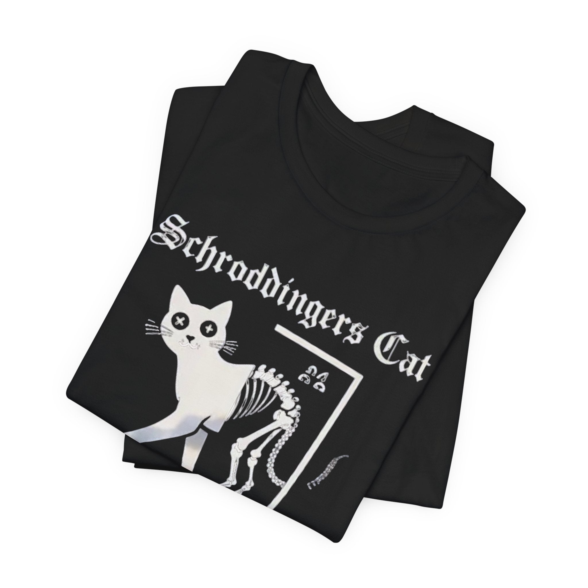 Schrodingers Cat skeleton illustration T-Shirt | Dead & Alive cat science tee