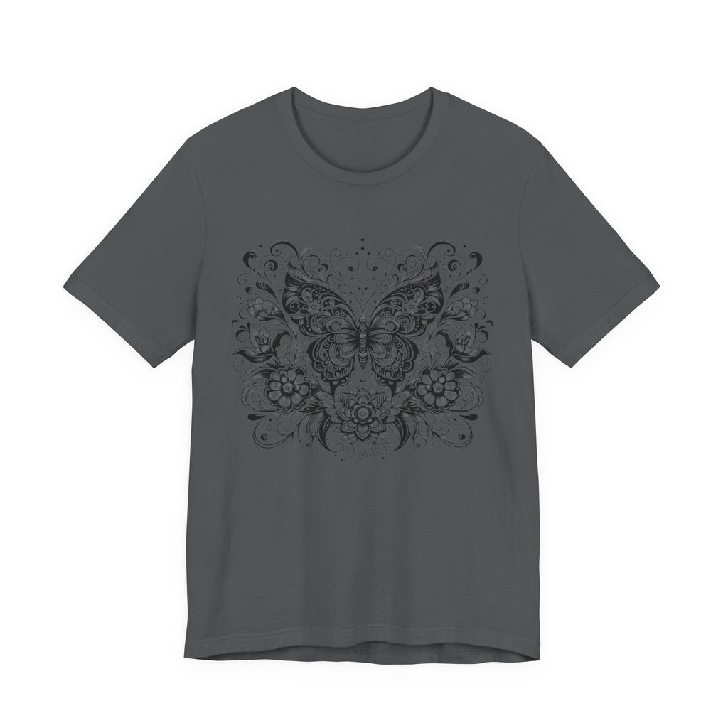 Ornate Butterfly Floral Tee | Detailed Black Line Art Butterfly T-Shirt
