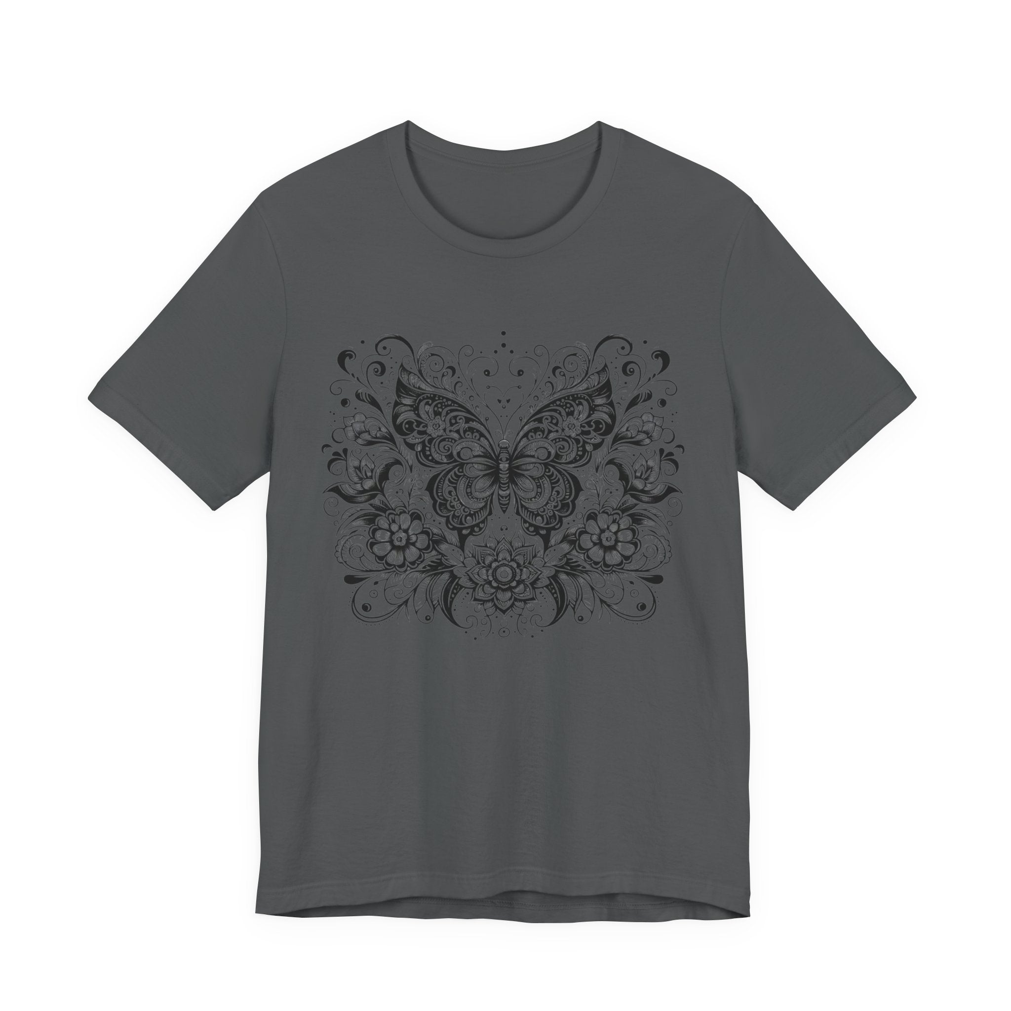 Ornate Butterfly Floral Tee | Detailed Black Line Art Butterfly T-Shirt