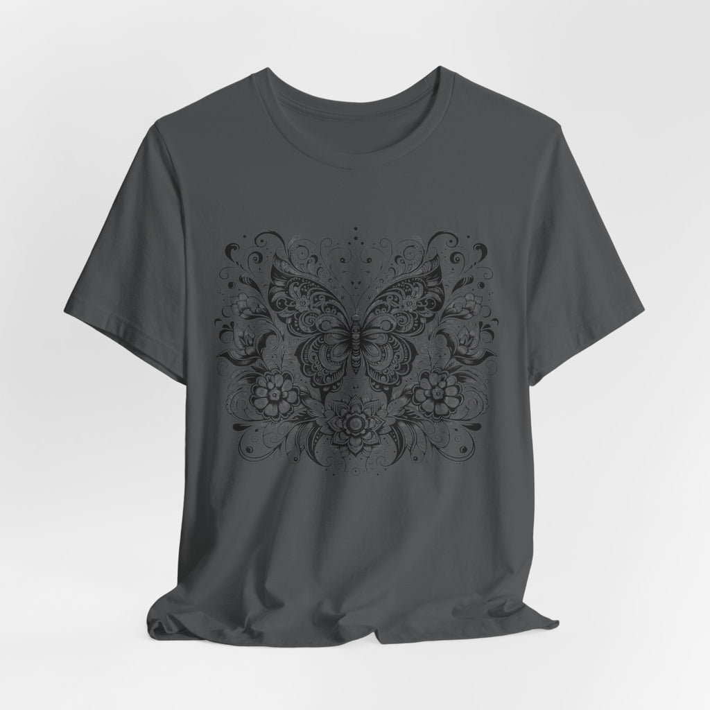 Ornate Butterfly Floral Tee | Detailed Black Line Art Butterfly T-Shirt