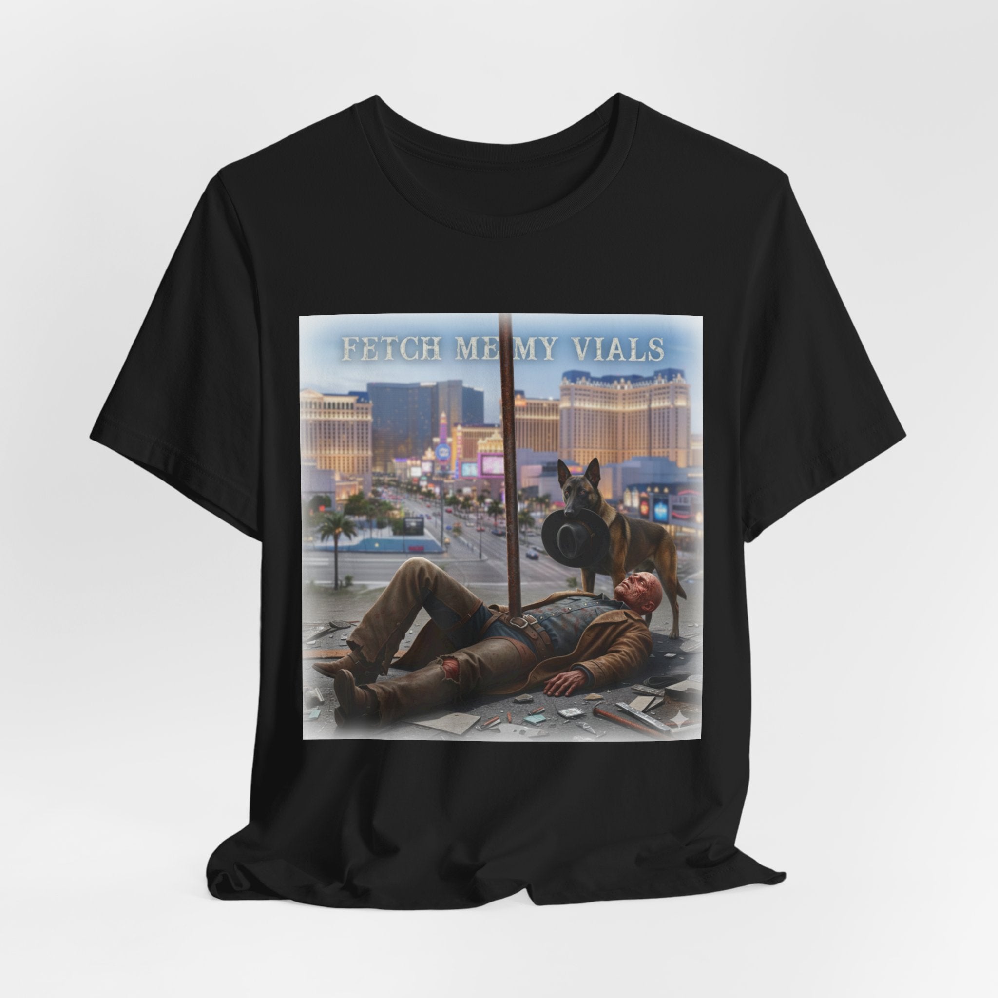 Fetch me my vials, Fallout Tee, Street Scene Graphic Tee — "Fetch Me My Vials" Retro Vegas Art Shirt
