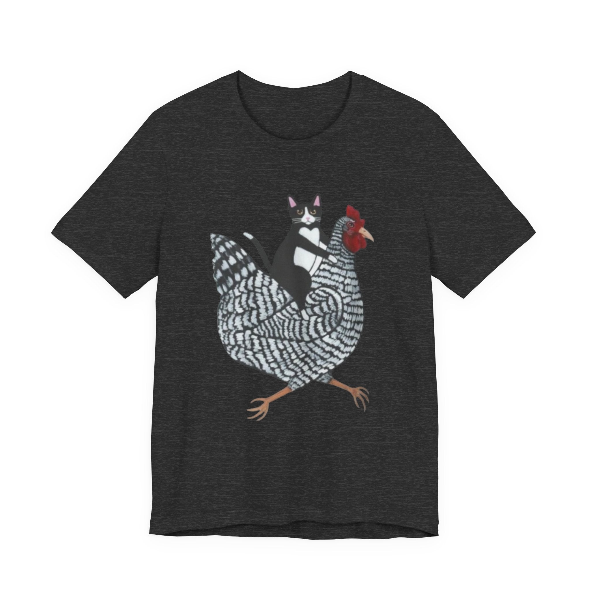 Cat Riding Chicken Graphic Tee — Funny Farm Animal Shirt