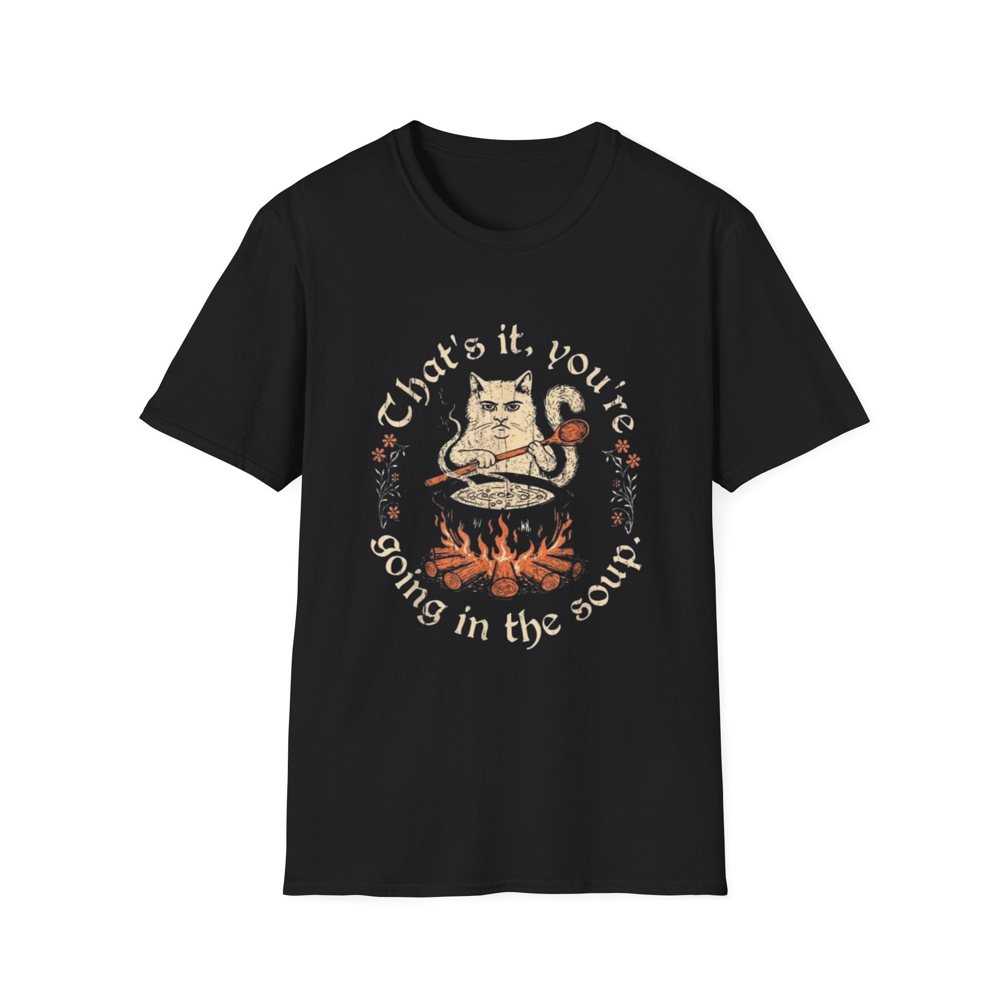 Cat Cauldron T-Shirt — "That’s it, you’re going in the soup" Vintage Witchy Graphic Tee