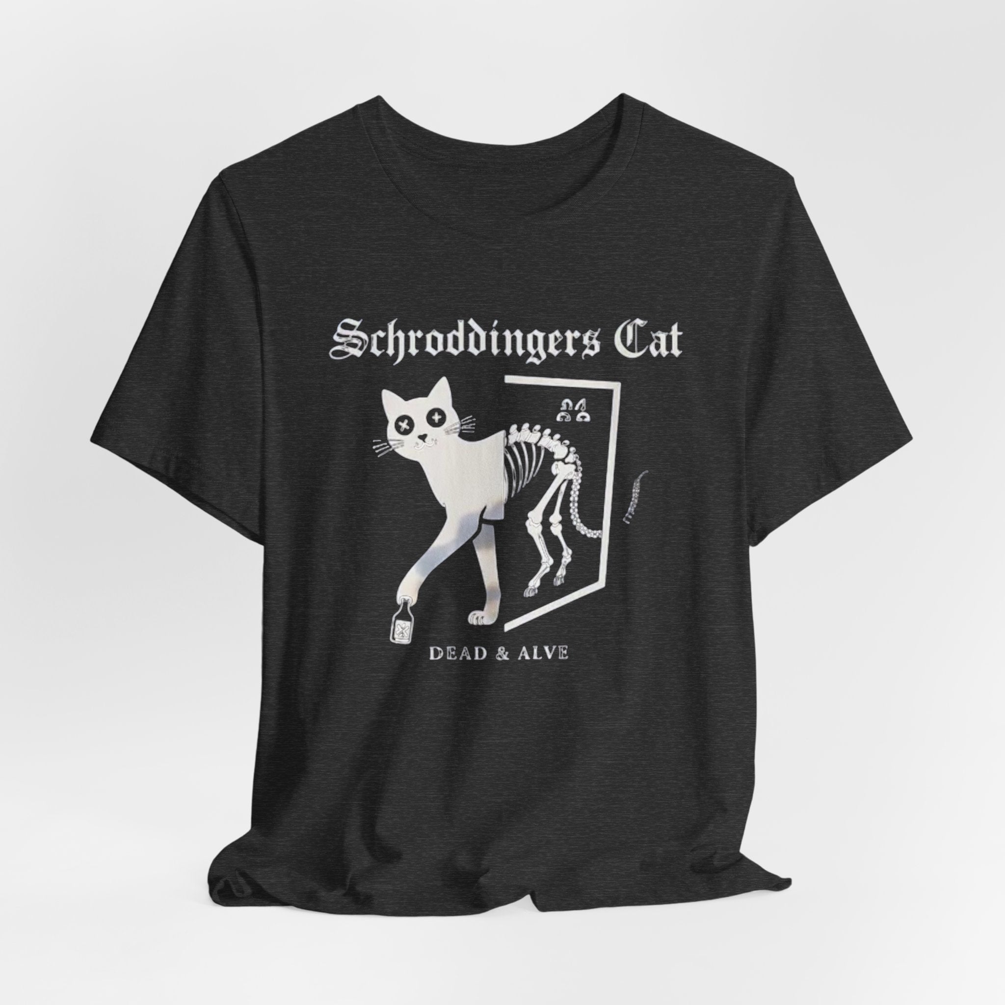 Schrodingers Cat skeleton illustration T-Shirt | Dead & Alive cat science tee