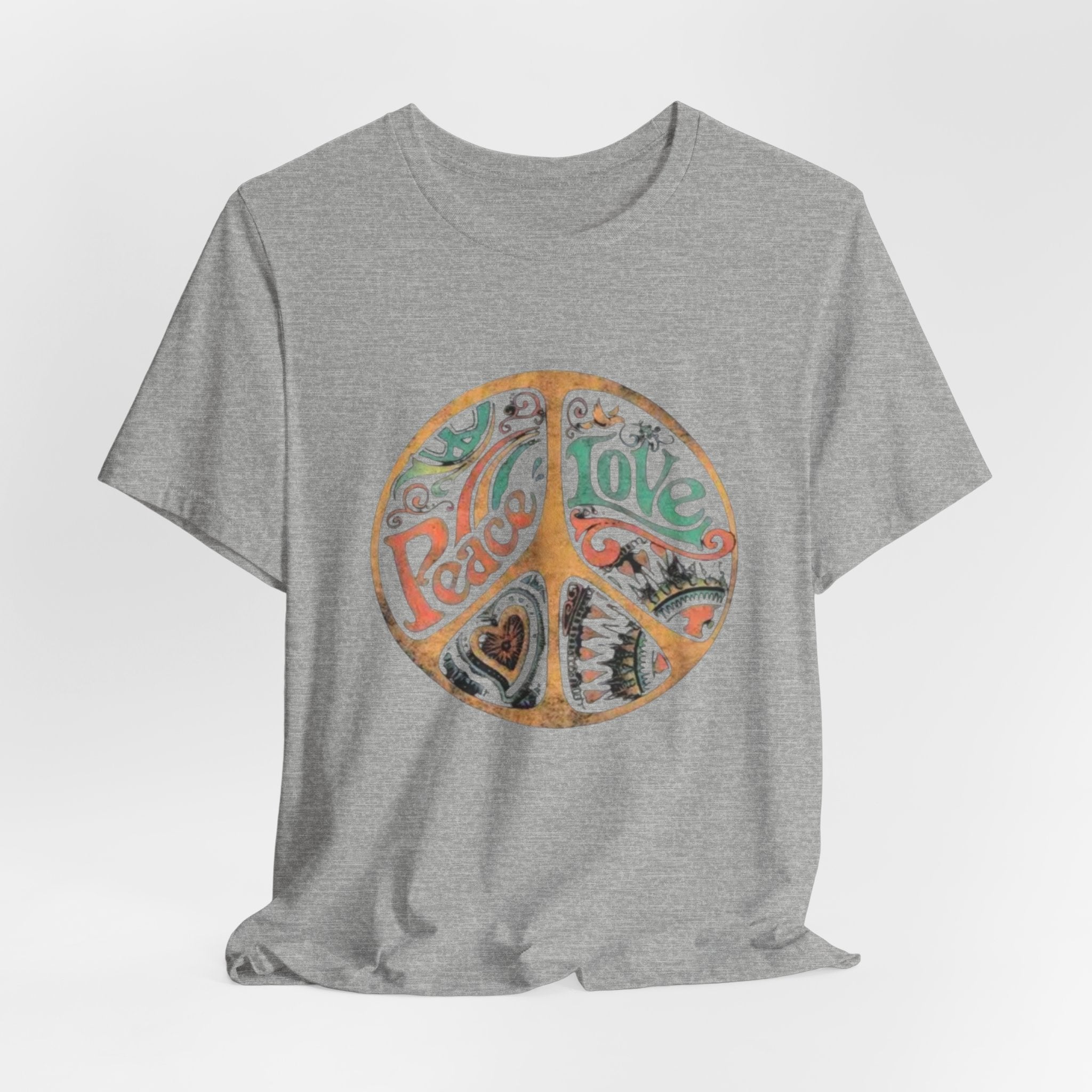 Retro Peace Love Unisex T-Shirt, Boho Graphic Tee, Casual Wear, Festival Shirt, Gift for Friends, Summer Style