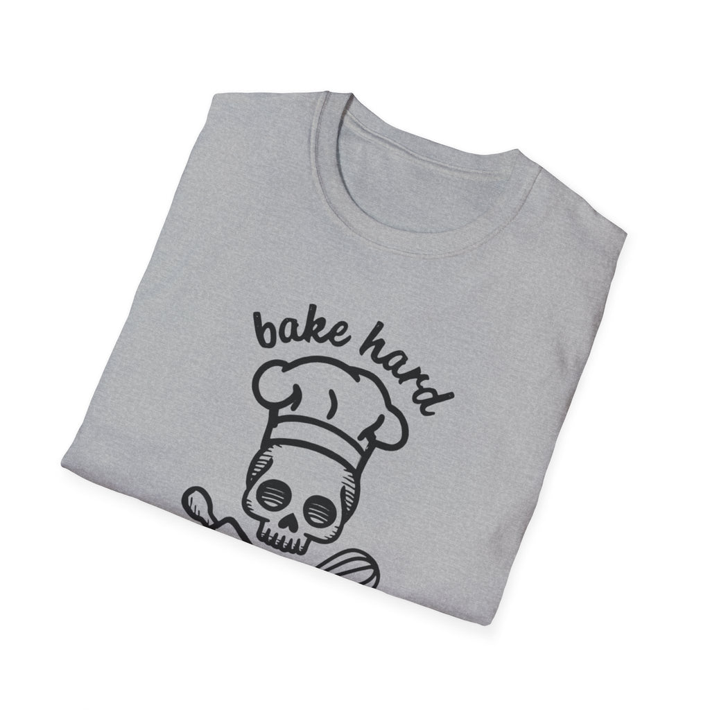 Bake Hard or Go Home T-Shirt | Skull Baker, Rolling Pin & Whisk Design