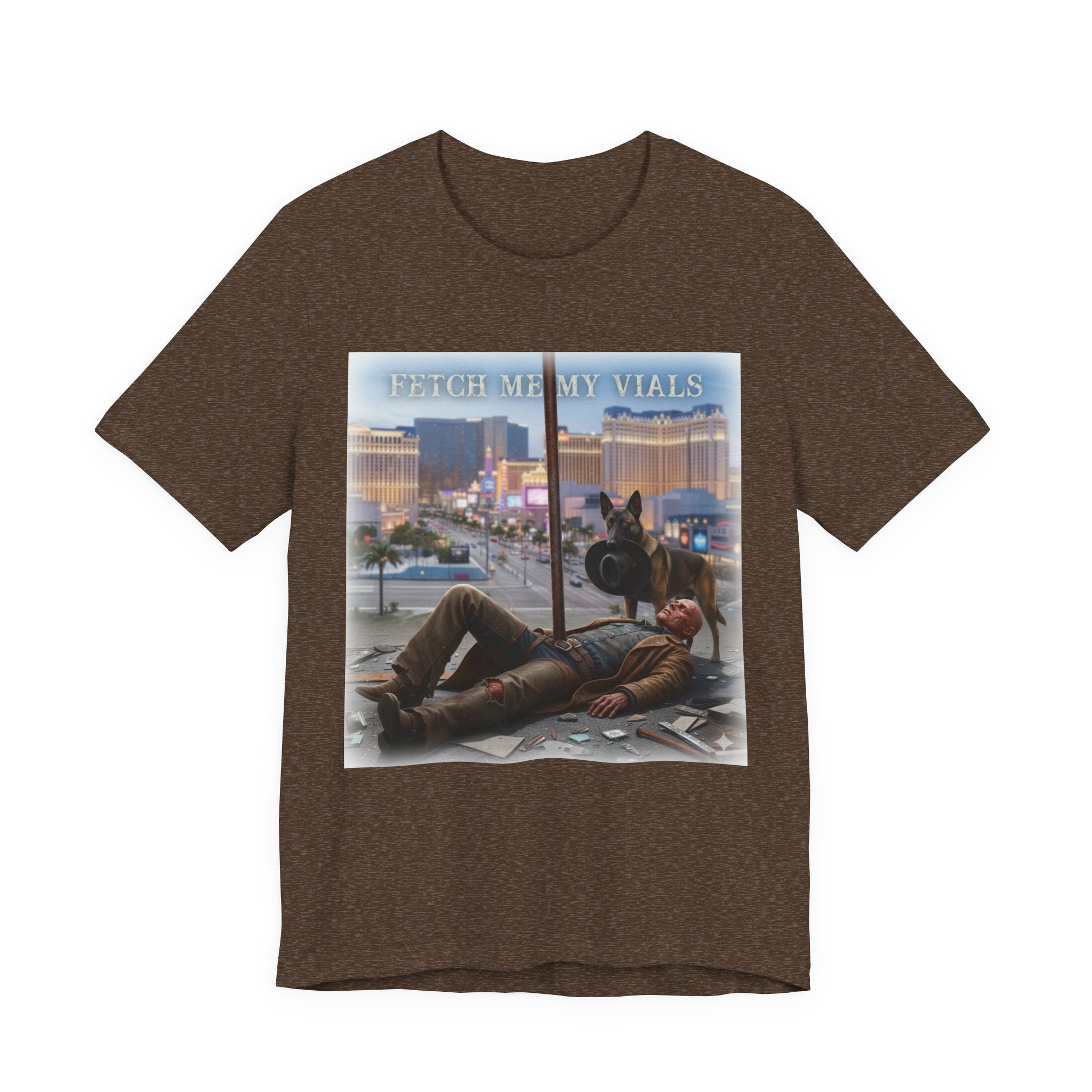 Fetch me my vials, Fallout Tee, Street Scene Graphic Tee — "Fetch Me My Vials" Retro Vegas Art Shirt