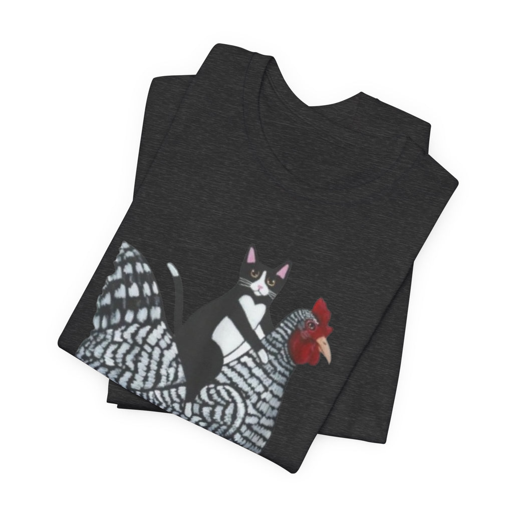 Cat Riding Chicken Graphic Tee — Funny Farm Animal Shirt