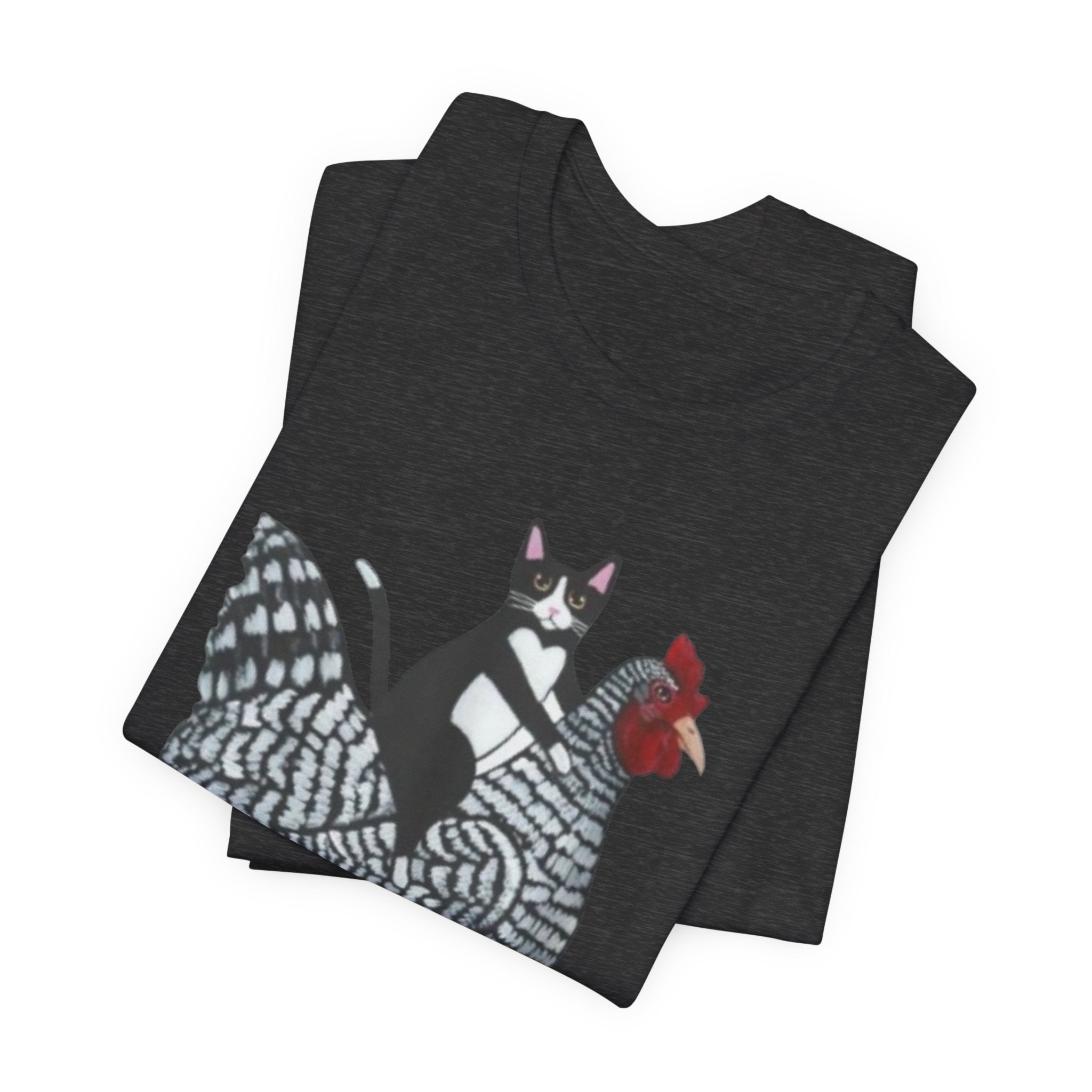 Cat Riding Chicken Graphic Tee — Funny Farm Animal Shirt