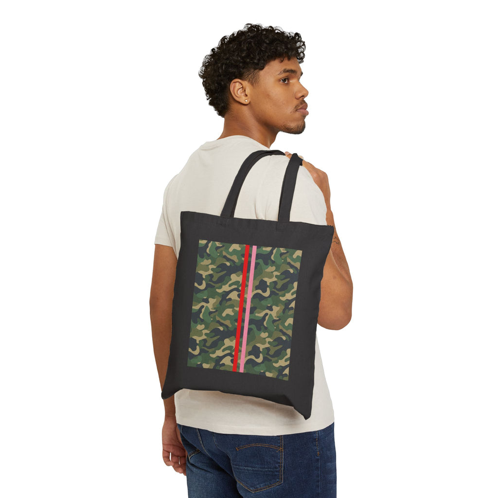 Camo Stripe Tote Bag — Green Camouflage Canvas Tote with Red Racing Stripe