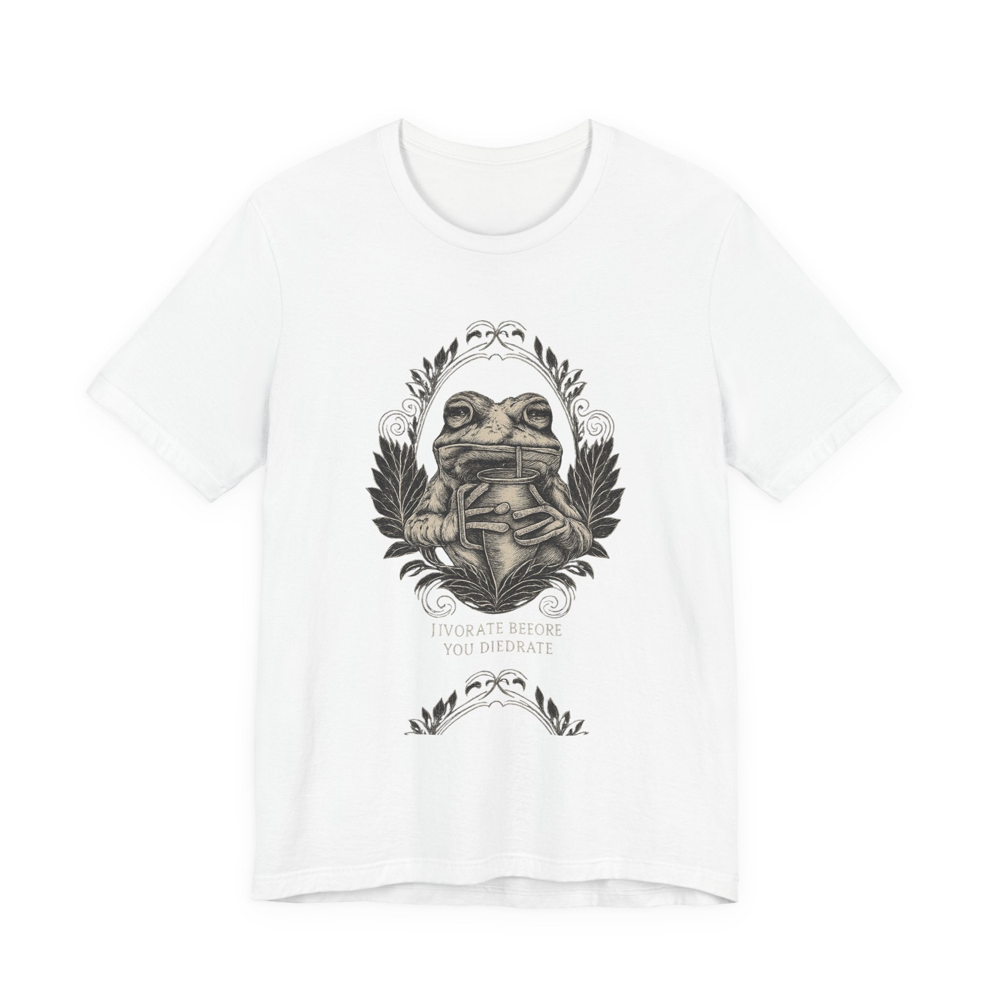 Frog drinkingT‑Shirt — Hydrate Before You DiedrateVintage Booklover Graphic Tee (“To Be at Peace You Deliberate”)