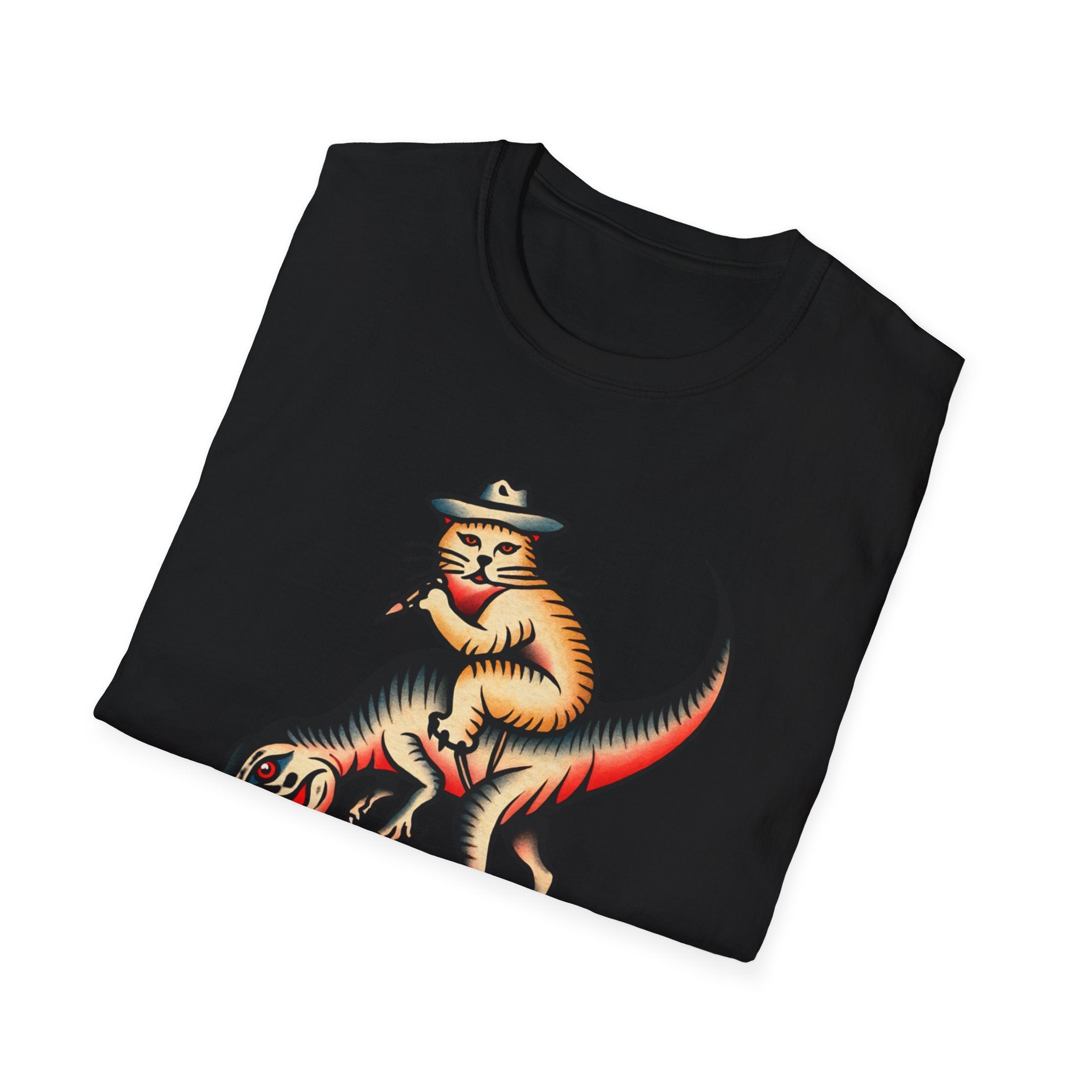Funny Cat Cowboy T-Shirt — Retro Riding Tyrannosaurus Graphic Tee