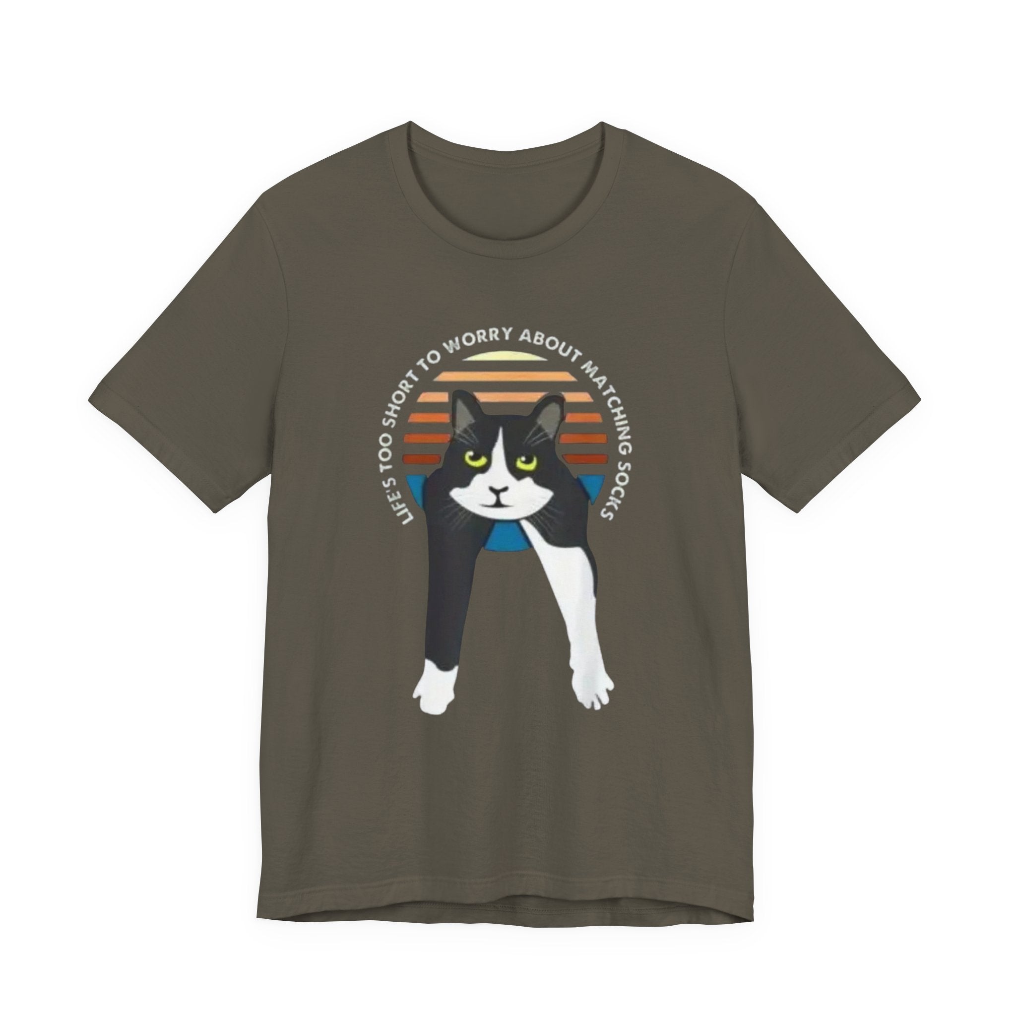 Tuxedo Cat Illustration Tee | Retro Sunset, 'Life's Too Short to Worry About Matching Socks'