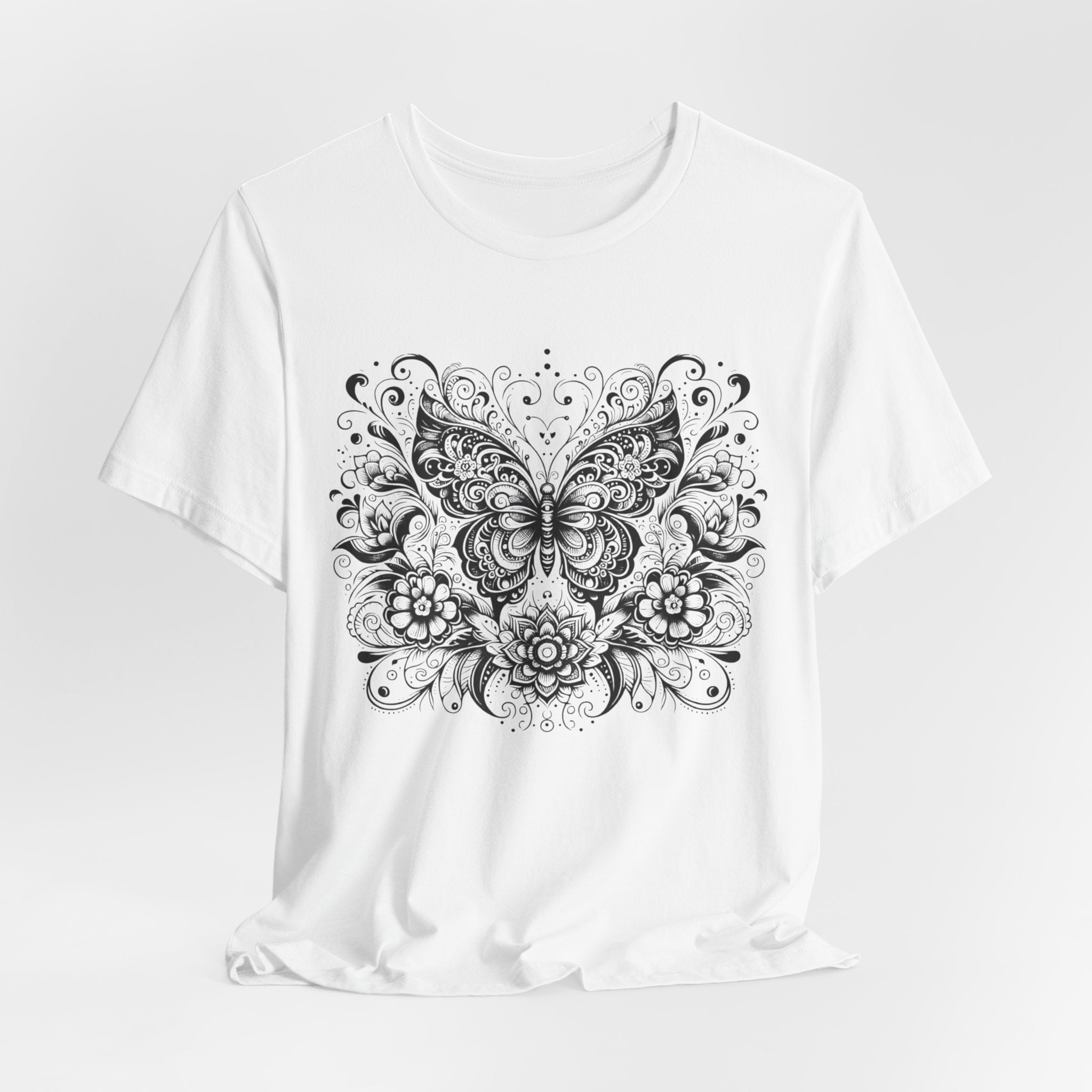 Ornate Butterfly Floral Tee | Detailed Black Line Art Butterfly T-Shirt