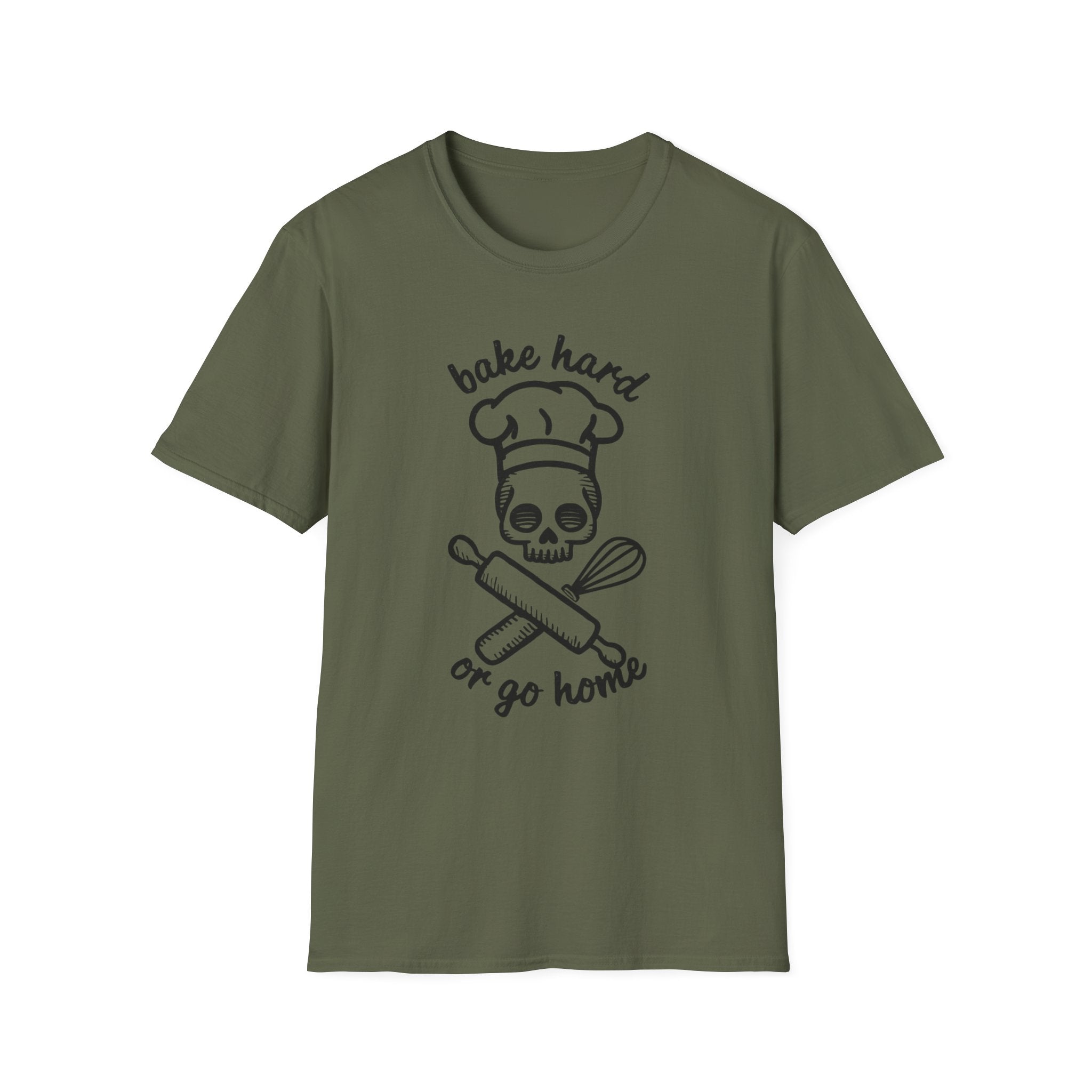 Bake Hard or Go Home T-Shirt | Skull Baker, Rolling Pin & Whisk Design