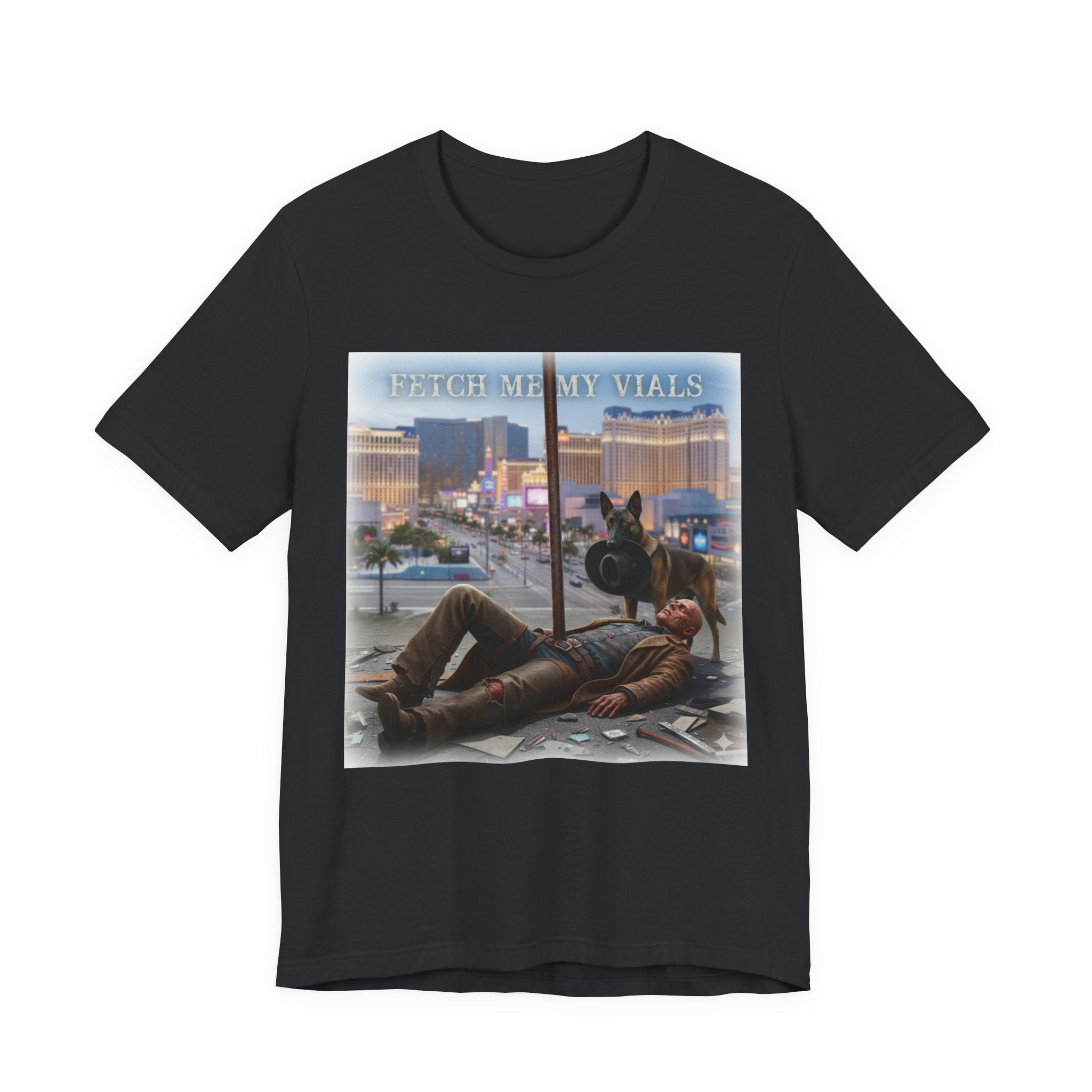 Fetch me my vials, Fallout Tee, Street Scene Graphic Tee — "Fetch Me My Vials" Retro Vegas Art Shirt