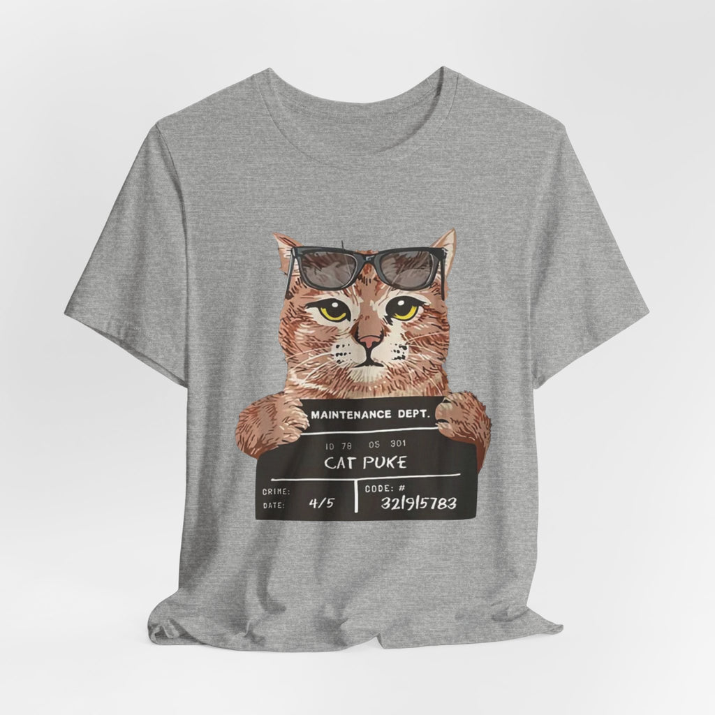 Cat Mugshot Tee — "Cat Puke" Funny Cat Arrest Graphic T-Shirt