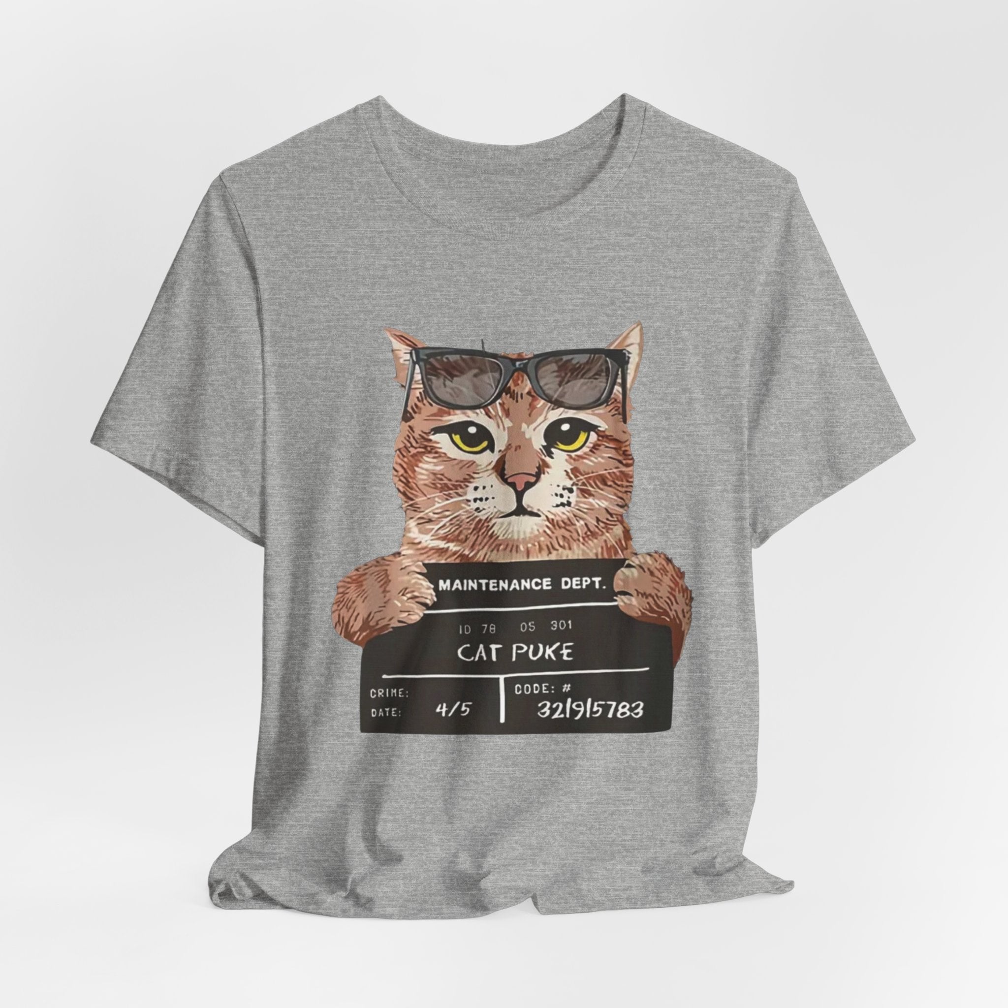 Cat Mugshot Tee — "Cat Puke" Funny Cat Arrest Graphic T-Shirt