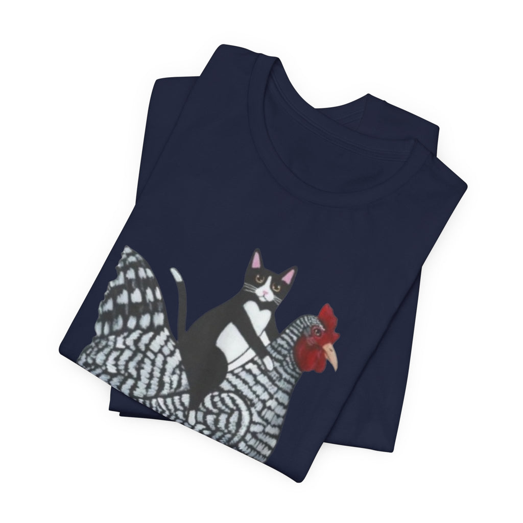 Cat Riding Chicken Graphic Tee — Funny Farm Animal Shirt