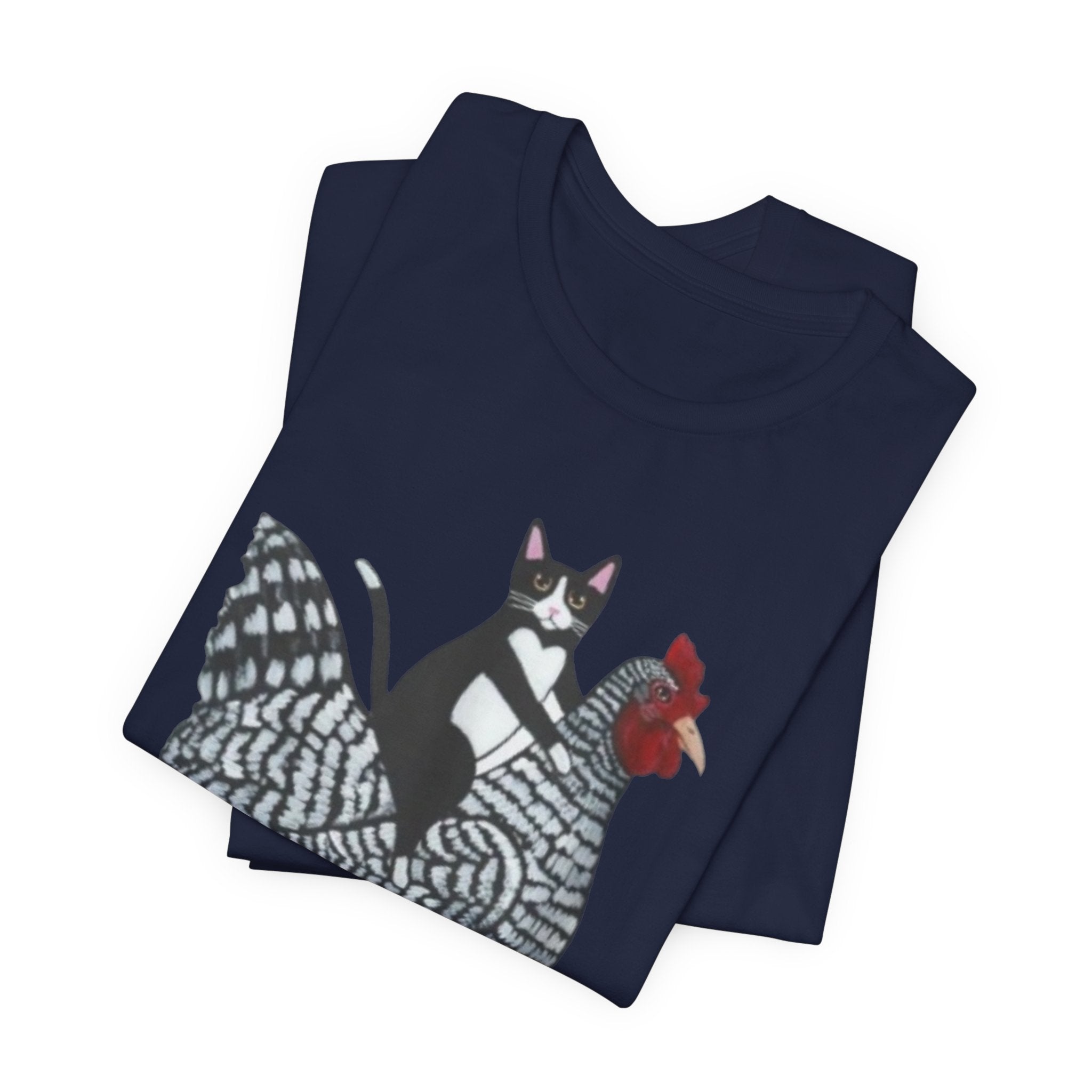 Cat Riding Chicken Graphic Tee — Funny Farm Animal Shirt
