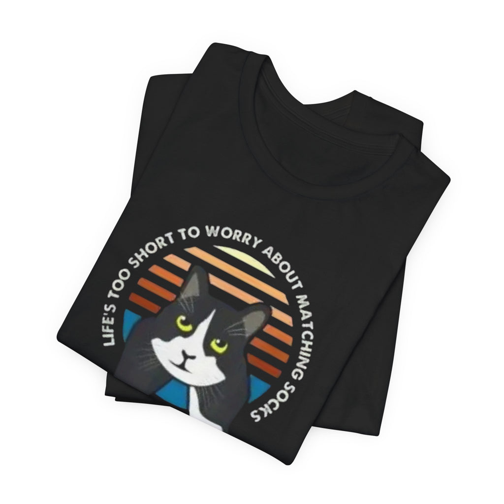 Tuxedo Cat Illustration Tee | Retro Sunset, 'Life's Too Short to Worry About Matching Socks'