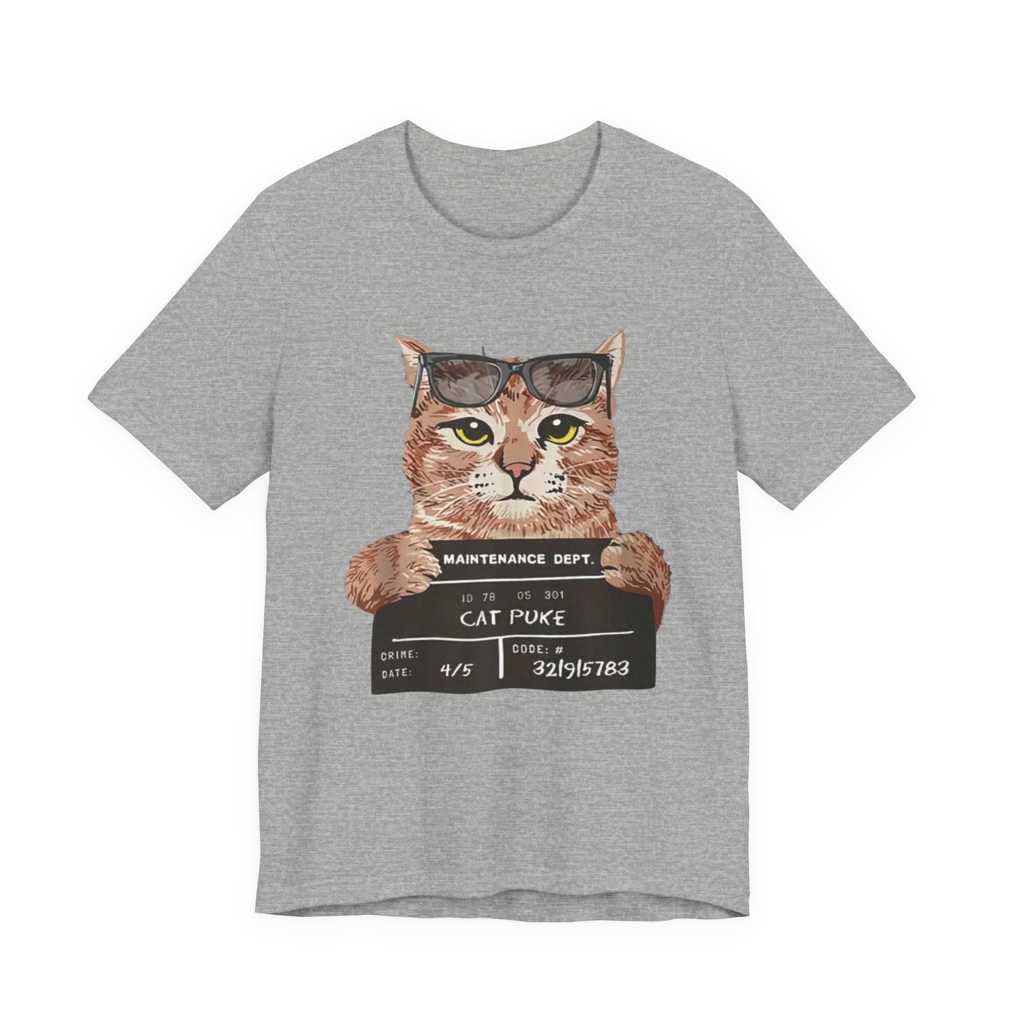 Cat Mugshot Tee — "Cat Puke" Funny Cat Arrest Graphic T-Shirt