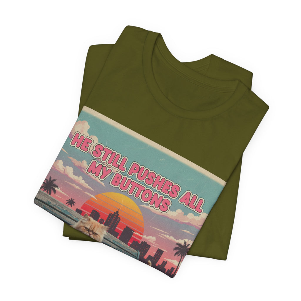 He Still Pushes All My Buttons Cat Illustration Tee | Retro Sunset Palm Beach
