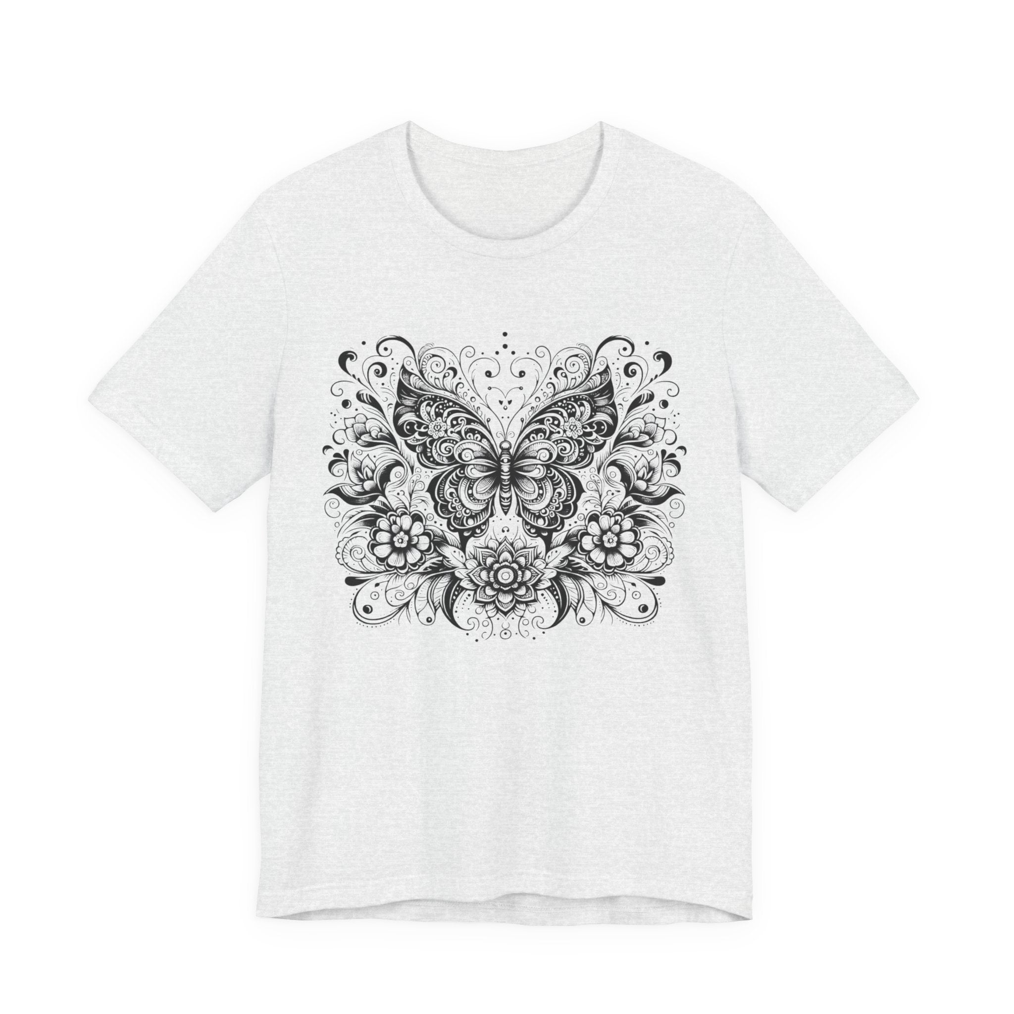 Ornate Butterfly Floral Tee | Detailed Black Line Art Butterfly T-Shirt