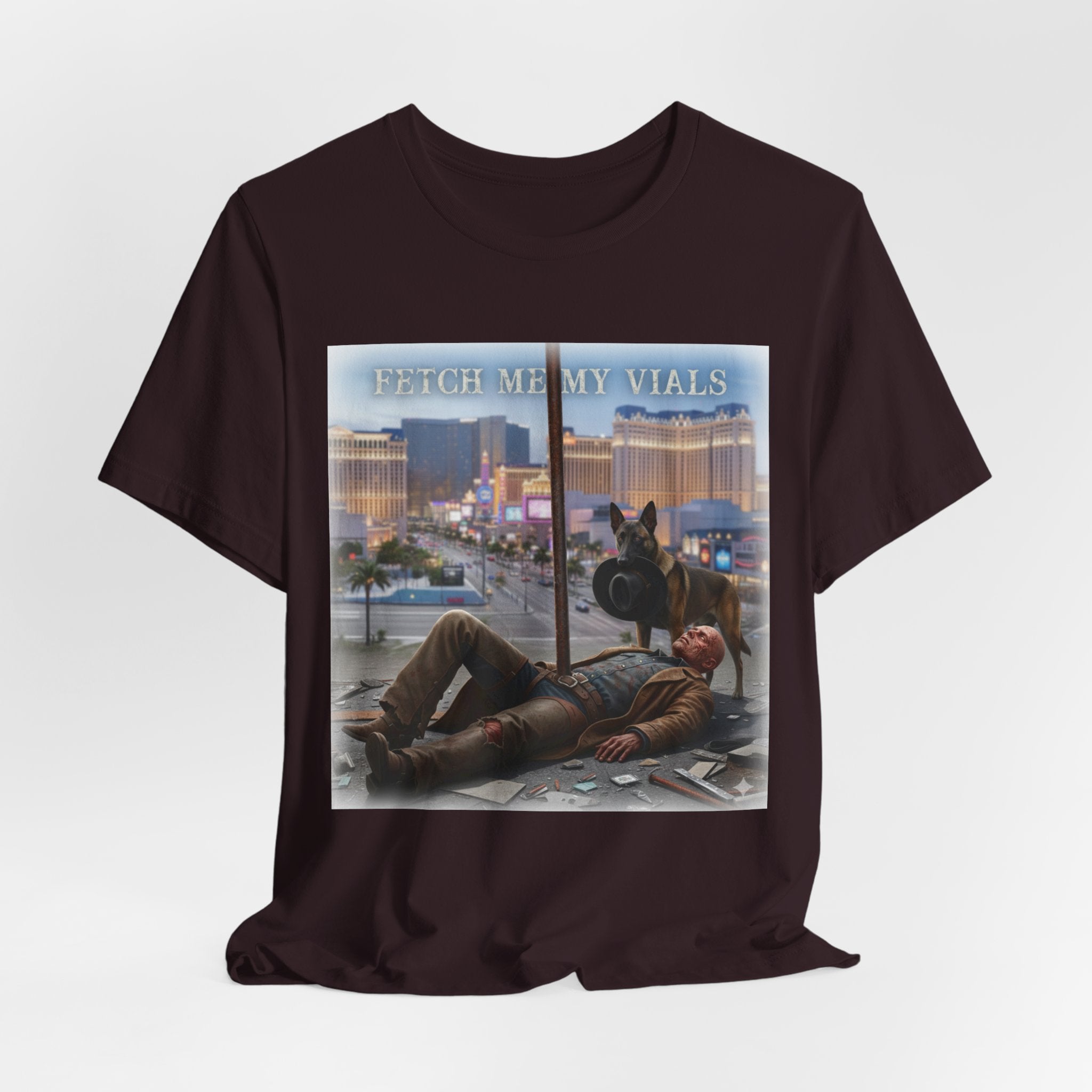 Fetch me my vials, Fallout Tee, Street Scene Graphic Tee — "Fetch Me My Vials" Retro Vegas Art Shirt