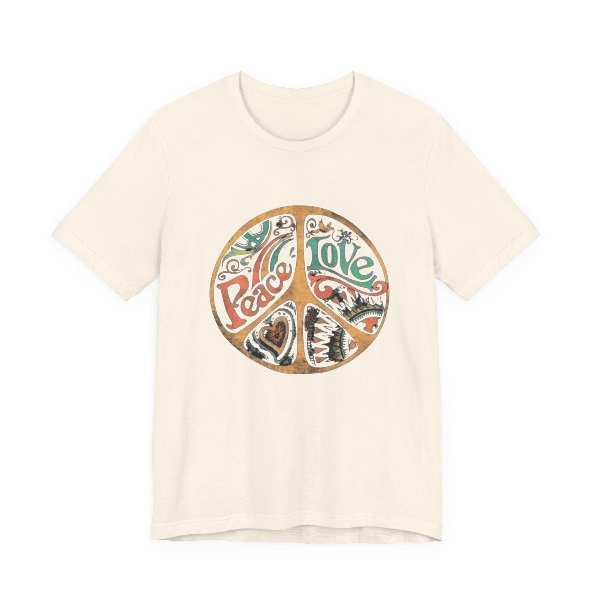 Retro Peace Love Unisex T-Shirt, Boho Graphic Tee, Casual Wear, Festival Shirt, Gift for Friends, Summer Style