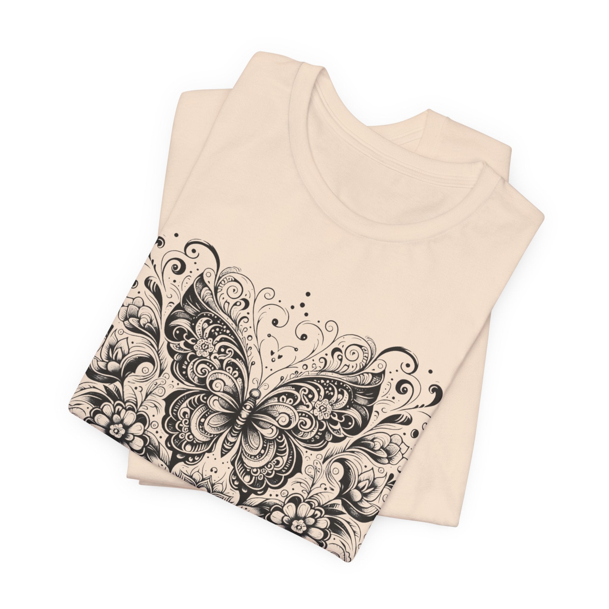 Ornate Butterfly Floral Tee | Detailed Black Line Art Butterfly T-Shirt