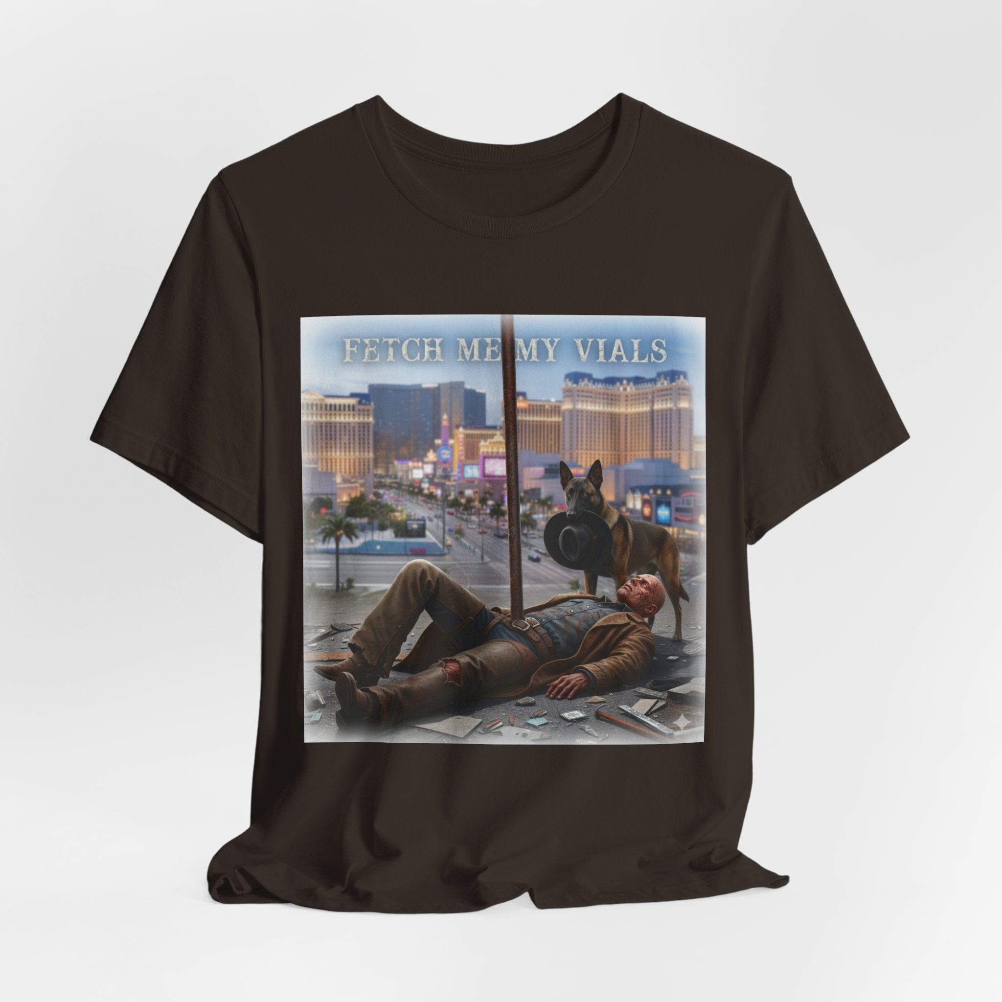 Fetch me my vials, Fallout Tee, Street Scene Graphic Tee — "Fetch Me My Vials" Retro Vegas Art Shirt