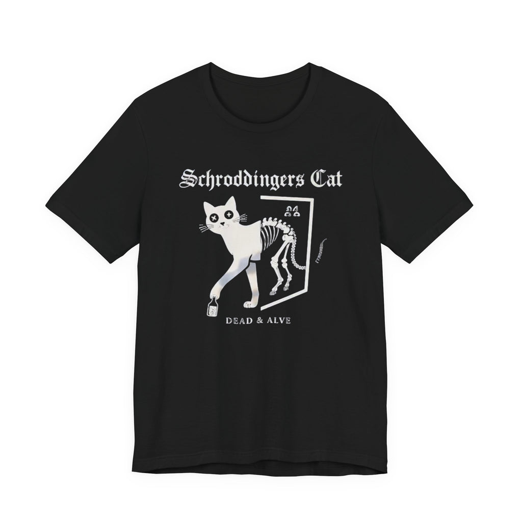 Schrodingers Cat skeleton illustration T-Shirt | Dead & Alive cat science tee