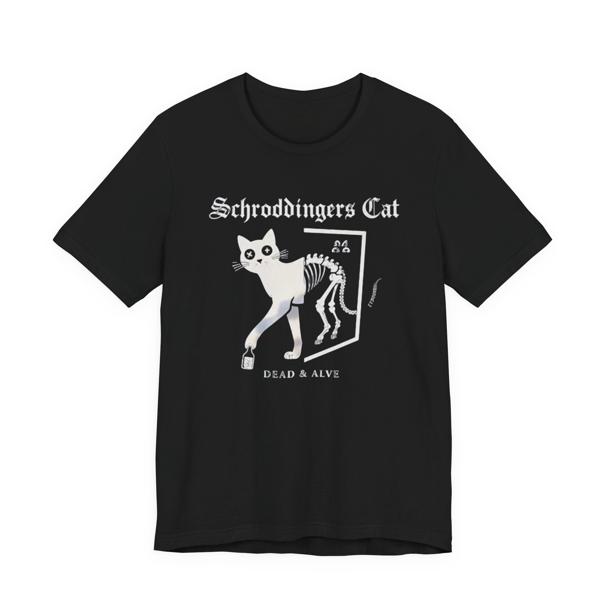 Schrodingers Cat skeleton illustration T-Shirt | Dead & Alive cat science tee