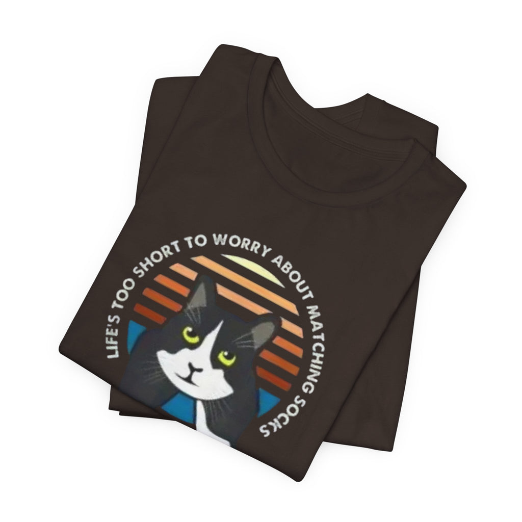 Tuxedo Cat Illustration Tee | Retro Sunset, 'Life's Too Short to Worry About Matching Socks'