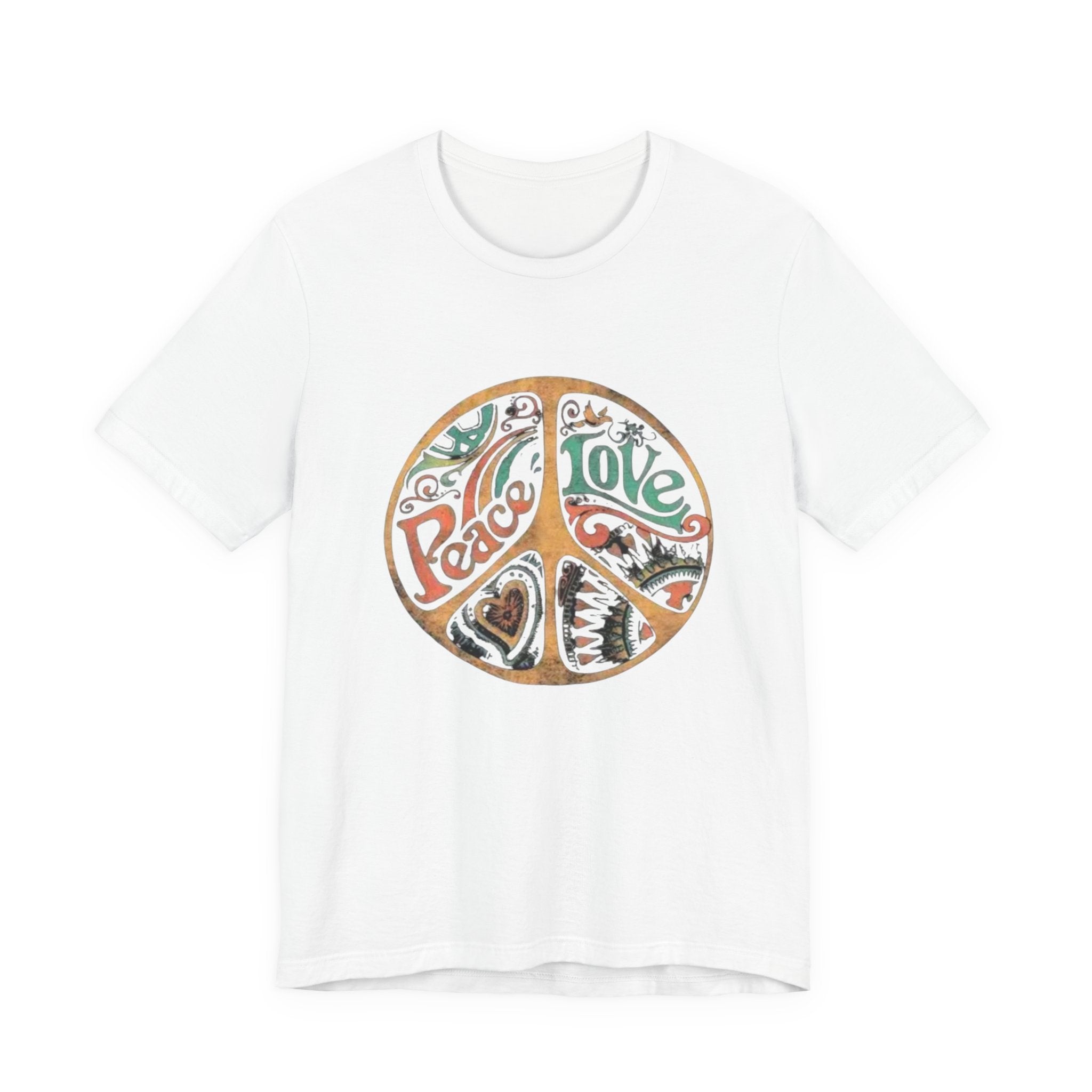 Retro Peace Love Unisex T-Shirt, Boho Graphic Tee, Casual Wear, Festival Shirt, Gift for Friends, Summer Style