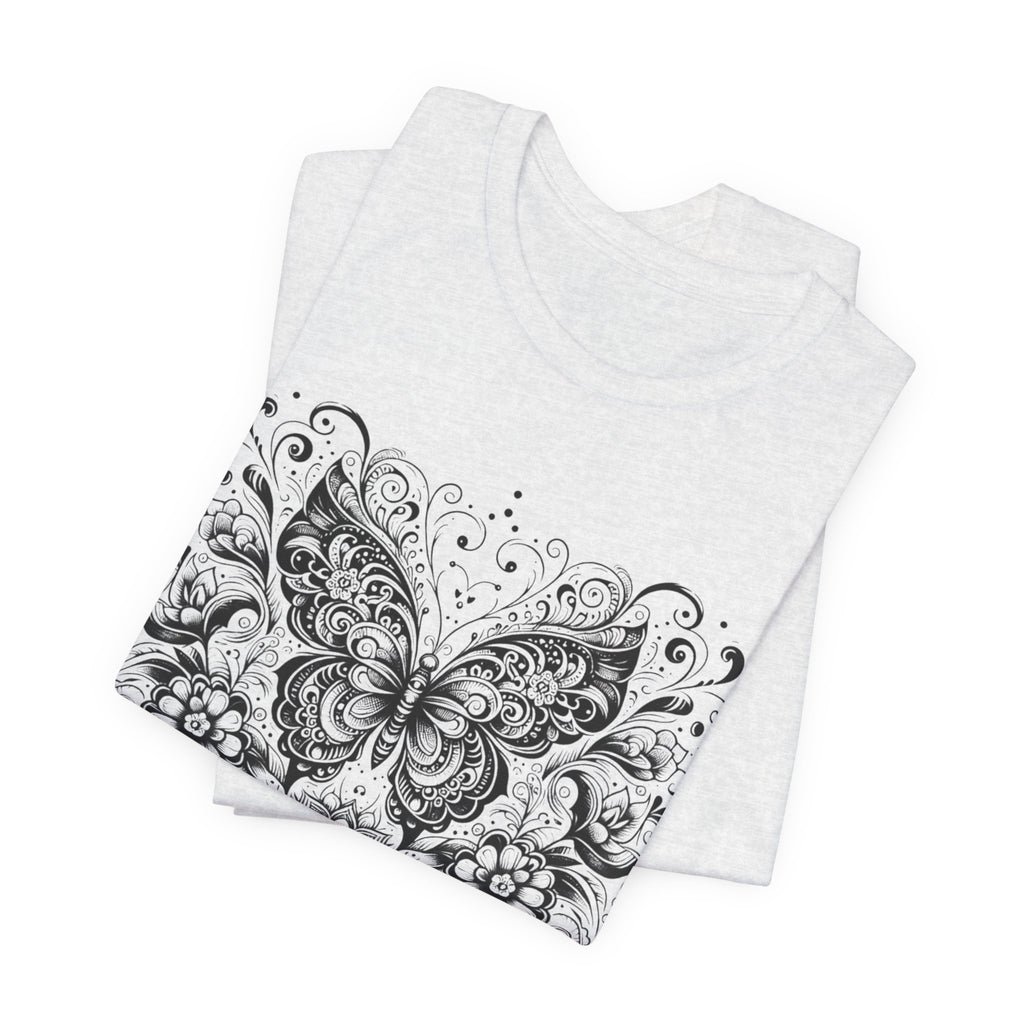 Ornate Butterfly Floral Tee | Detailed Black Line Art Butterfly T-Shirt