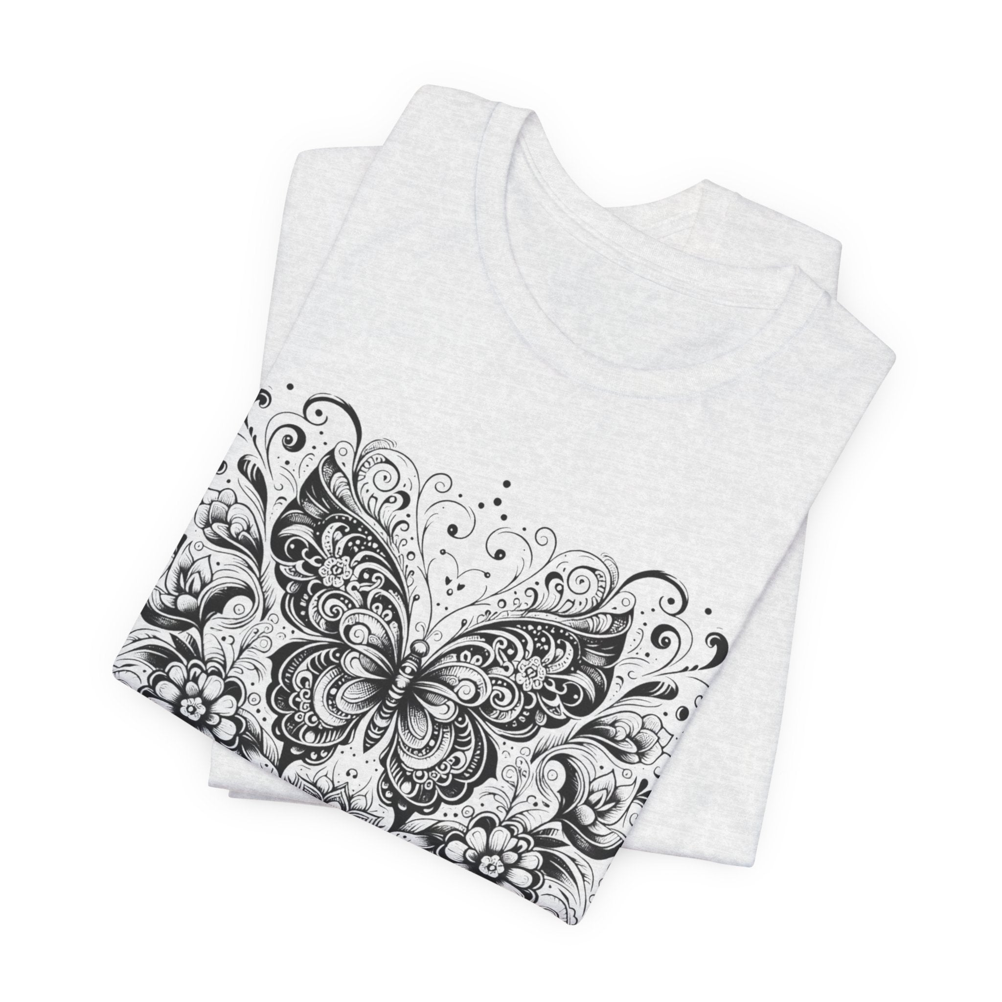 Ornate Butterfly Floral Tee | Detailed Black Line Art Butterfly T-Shirt