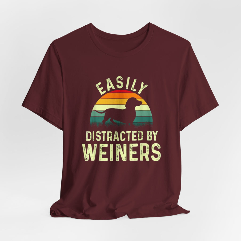 Easily Distracted By Weiners T-Shirt | Dachshund Retro Sunset Tee