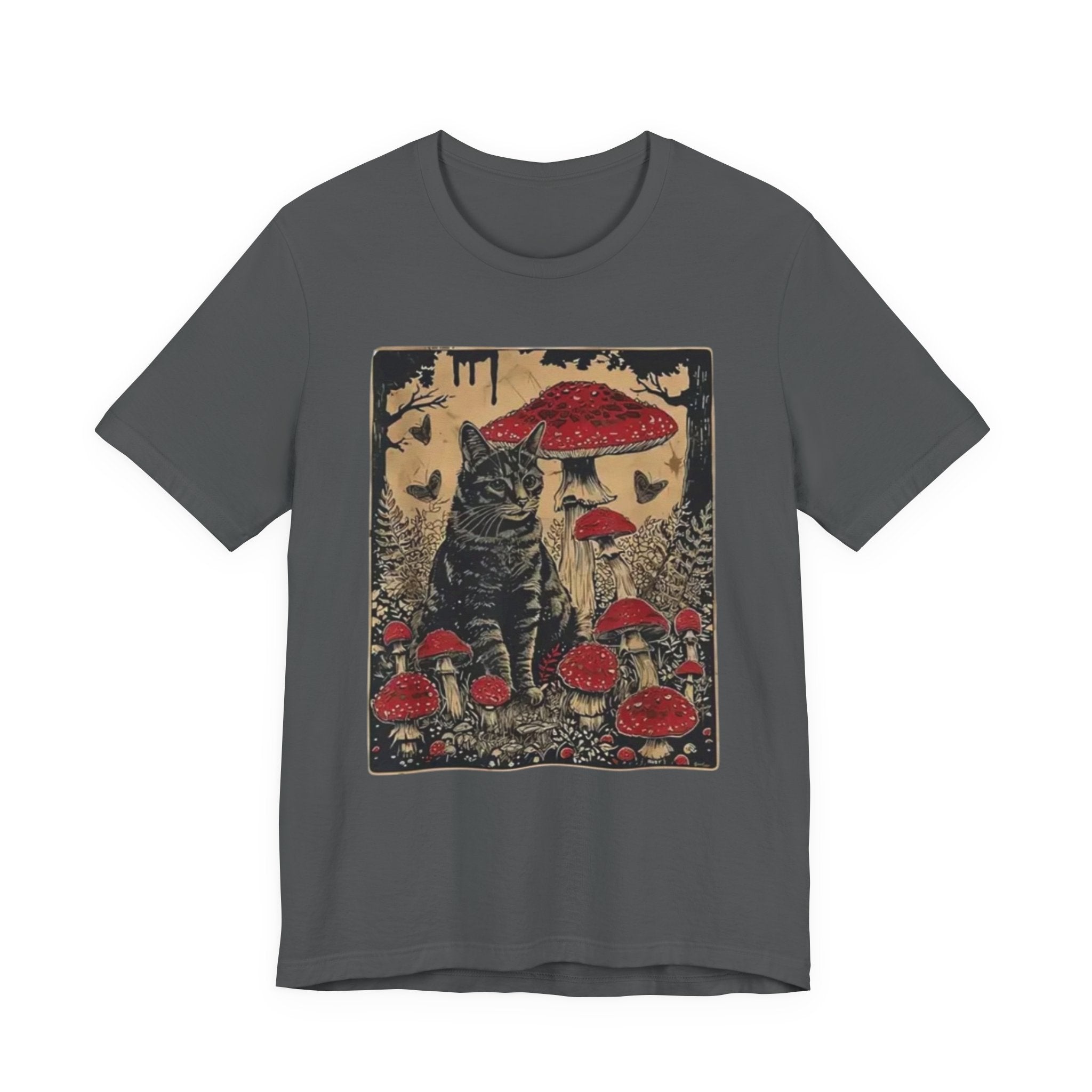 Black Cat with Red Mushrooms T-Shirt | Moody Forest Cat Illustration