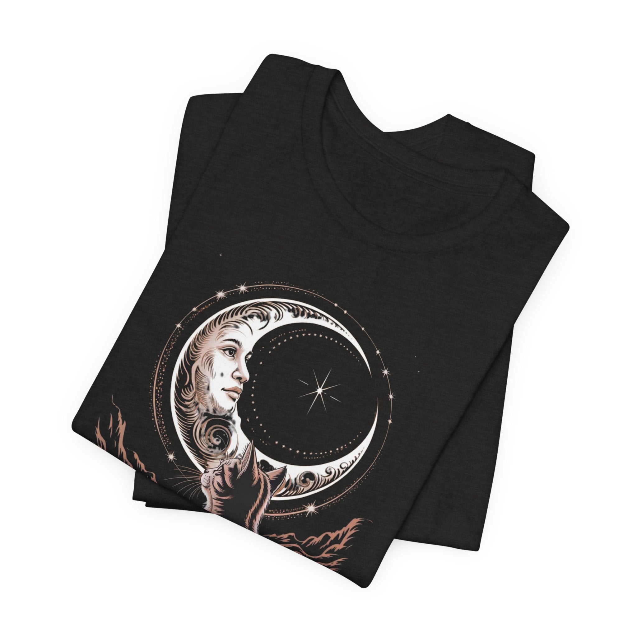 Celestial Cat Graphic Tee - Boho T-Shirt, Unisex Cat Lover Shirt, Moon Phase Top, Gift for Pet Owners, Astrology Apparel