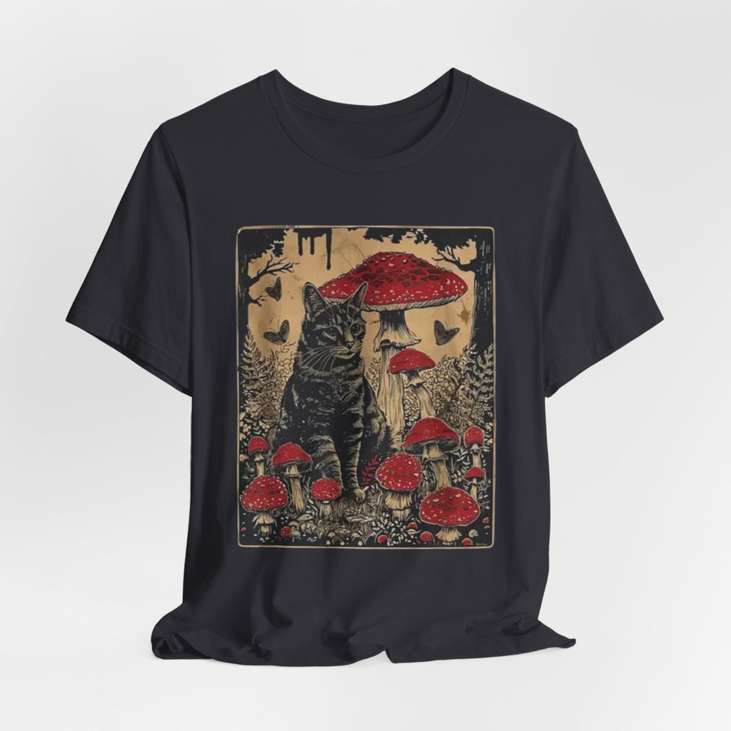 Black Cat with Red Mushrooms T-Shirt | Moody Forest Cat Illustration