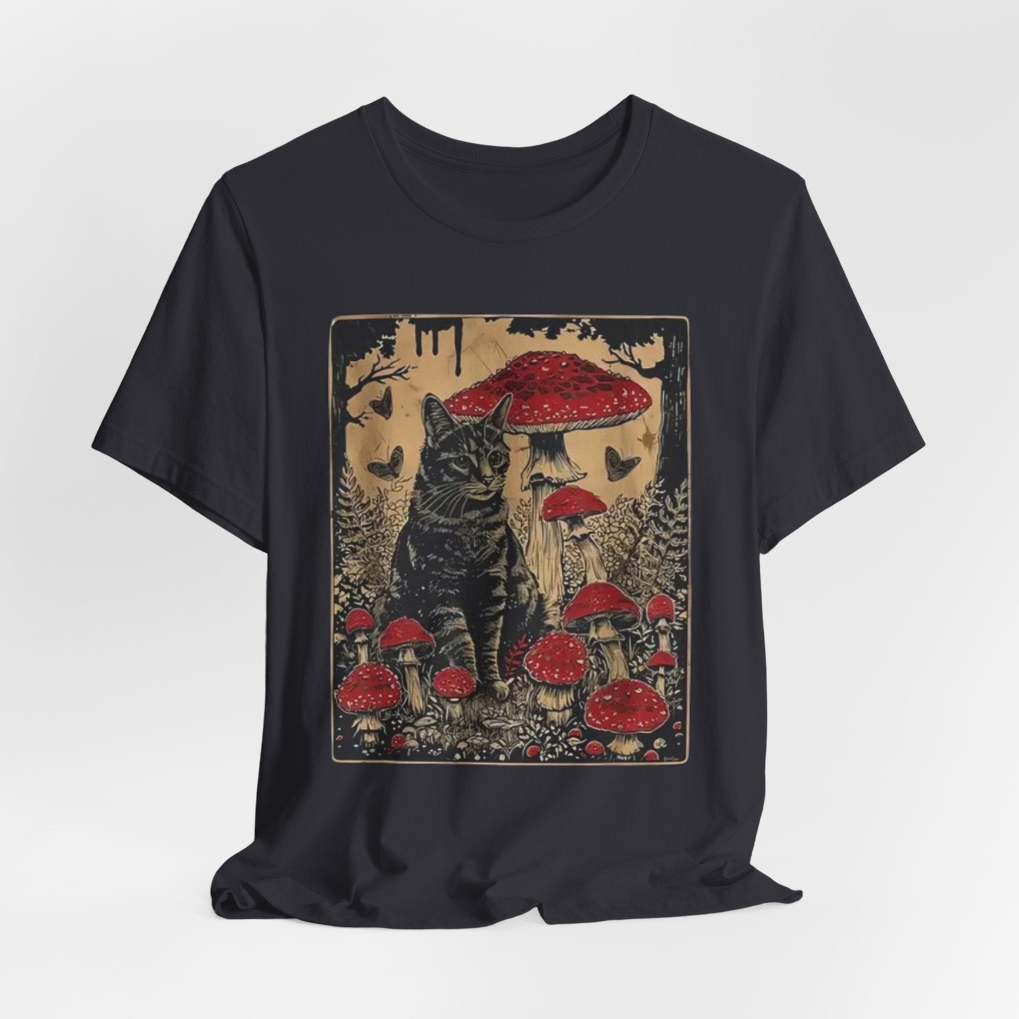 Black Cat with Red Mushrooms T-Shirt | Moody Forest Cat Illustration