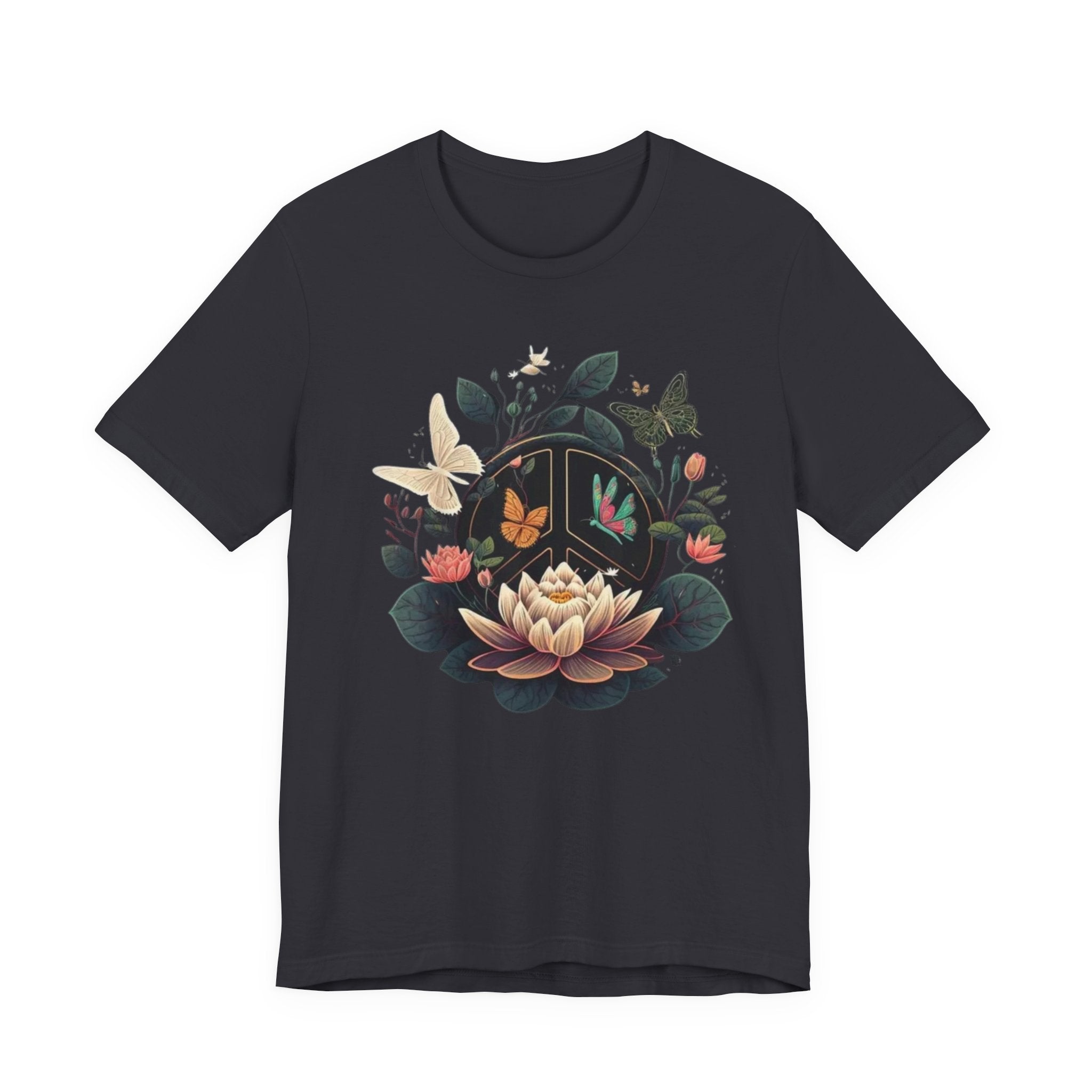 Lotus Bloom and Butterflies Tee | Floral Peace Symbol T-Shirt