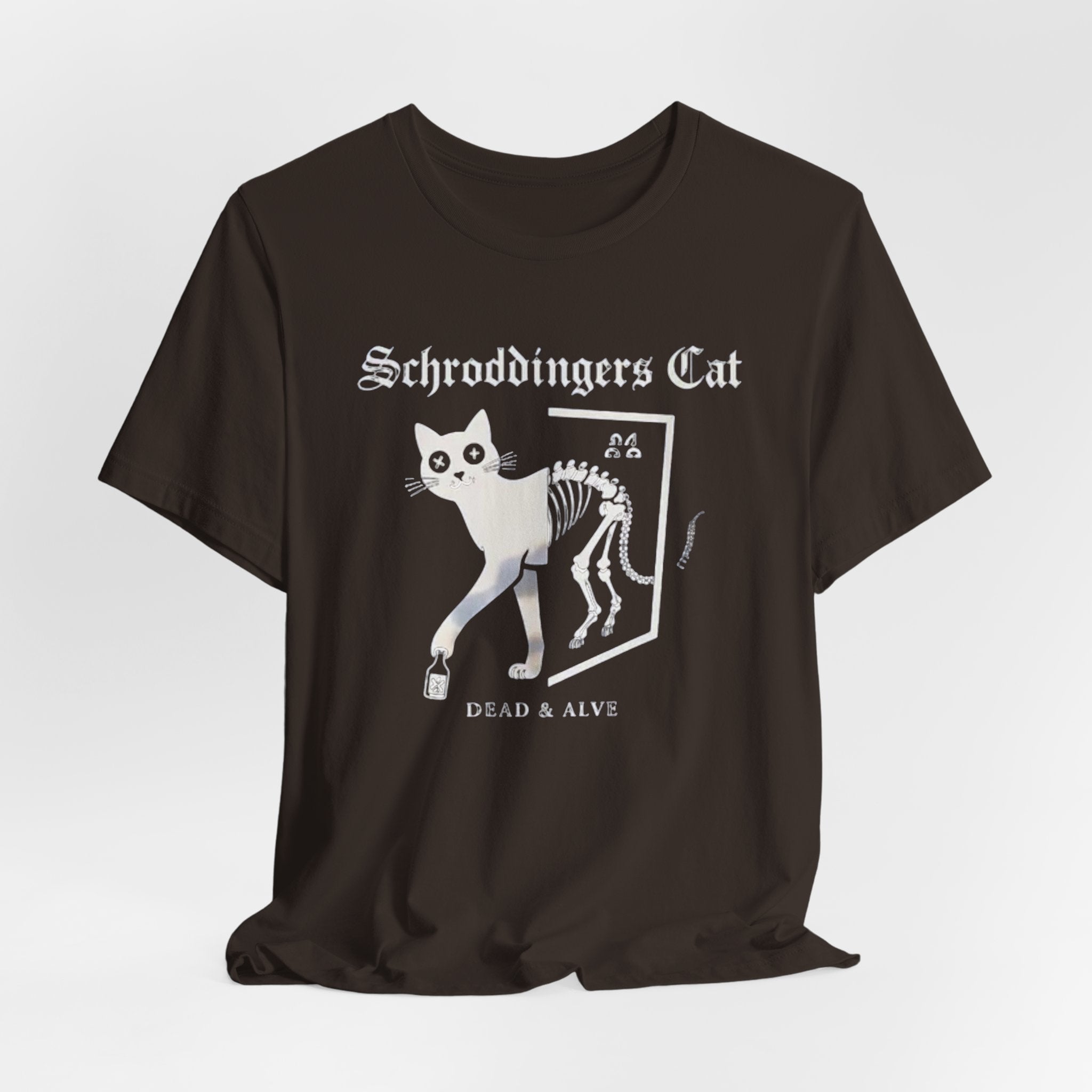 Schrodingers Cat skeleton illustration T-Shirt | Dead & Alive cat science tee
