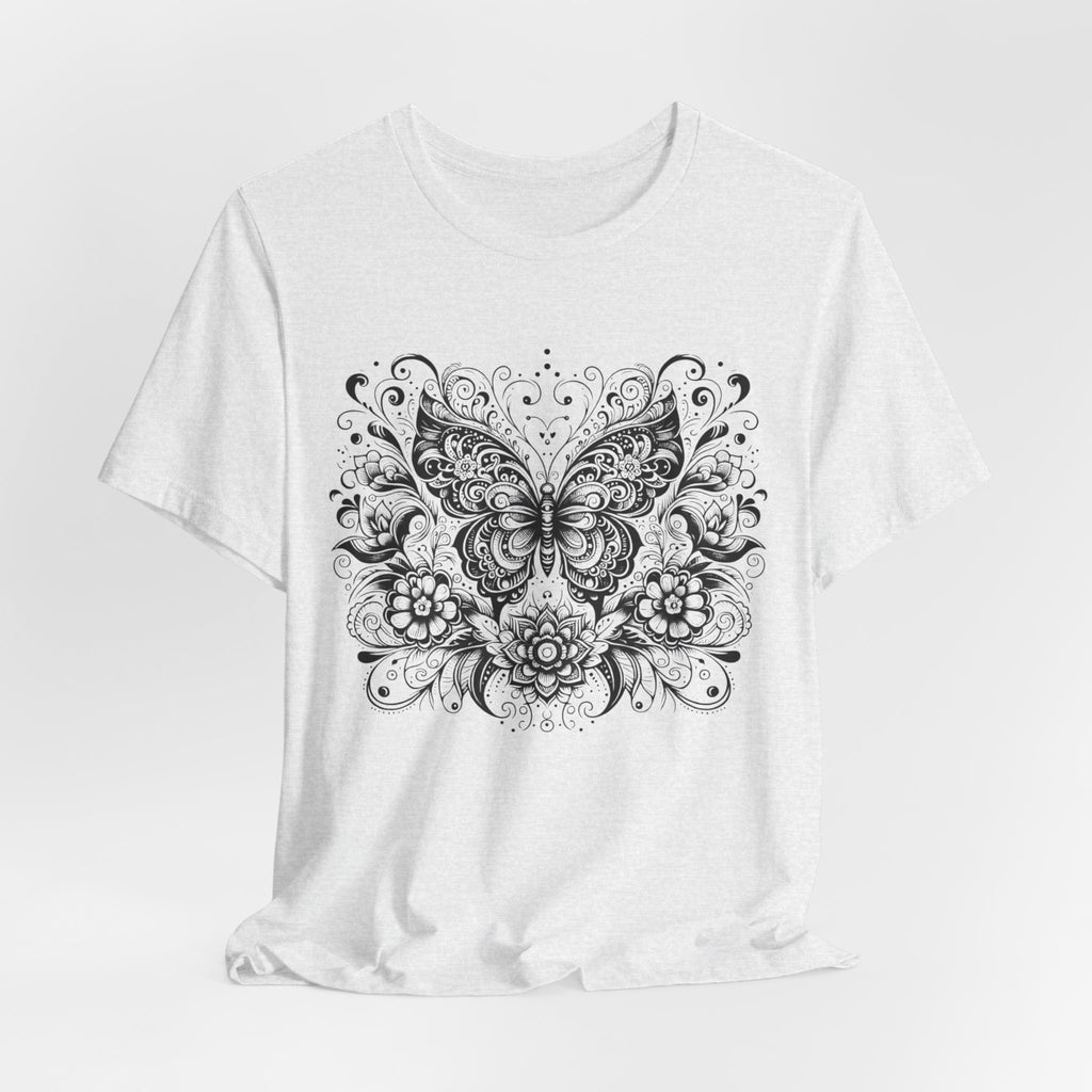 Ornate Butterfly Floral Tee | Detailed Black Line Art Butterfly T-Shirt